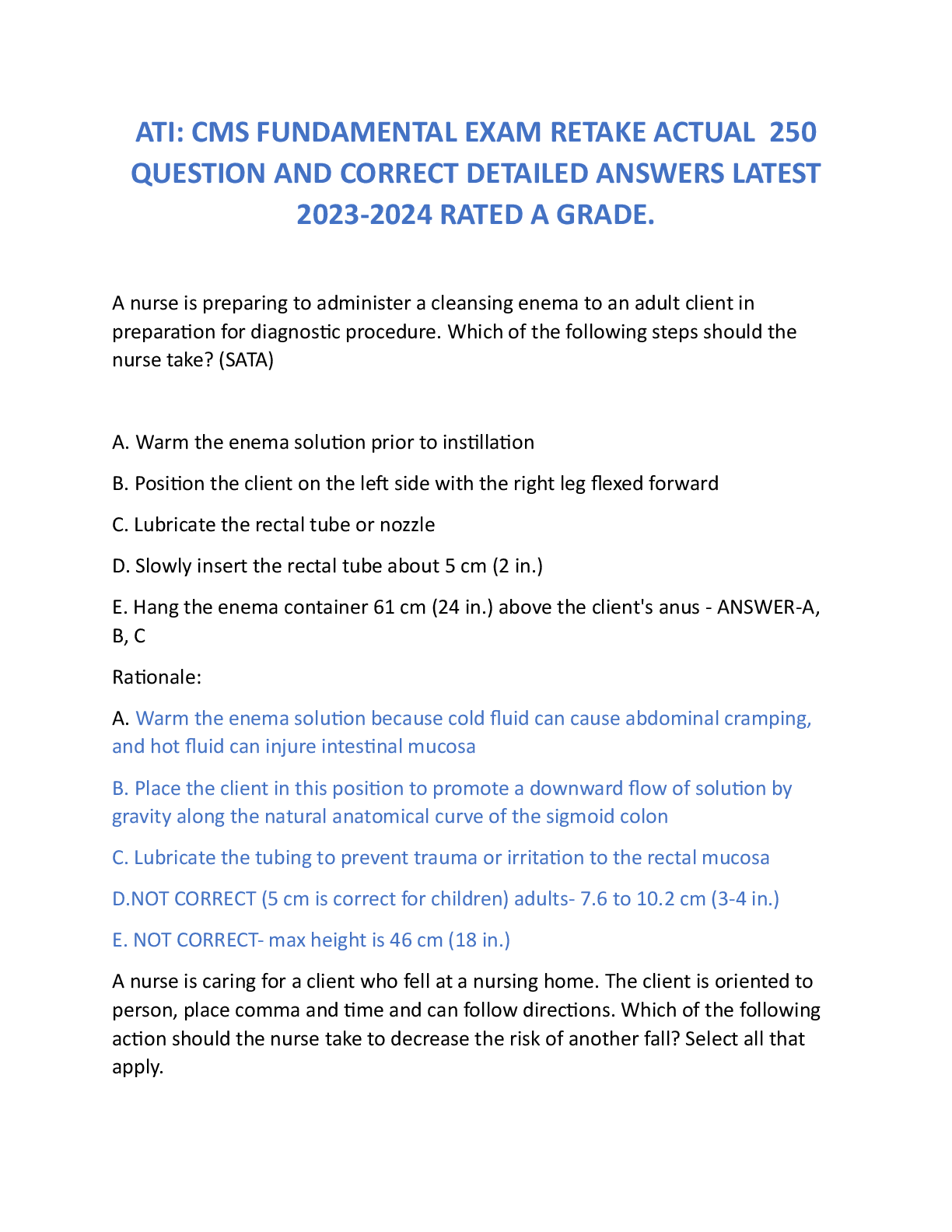 Recommended document preview for ATI: CMS FUNDAMENTAL EXAM RETAKE ACTUAL  250 QUESTION AND CORRECT DETAILED ANSWERS LATEST 2023-2024-2026 RATED A GRADE.