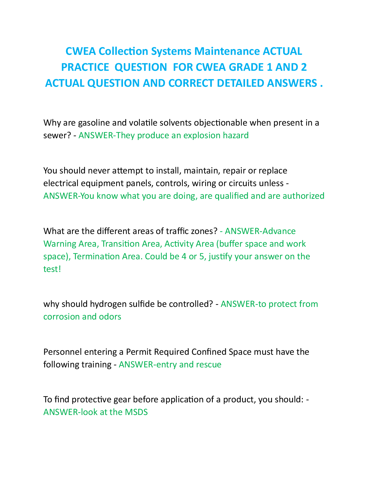 Preview of CWEA Collection Systems Maintenance ACTUAL PRACTICE  QUESTION  FOR CWEA GRADE 1 AND 2   ACTUAL QUESTION AND CORRECT DETAILED ANSWERS .