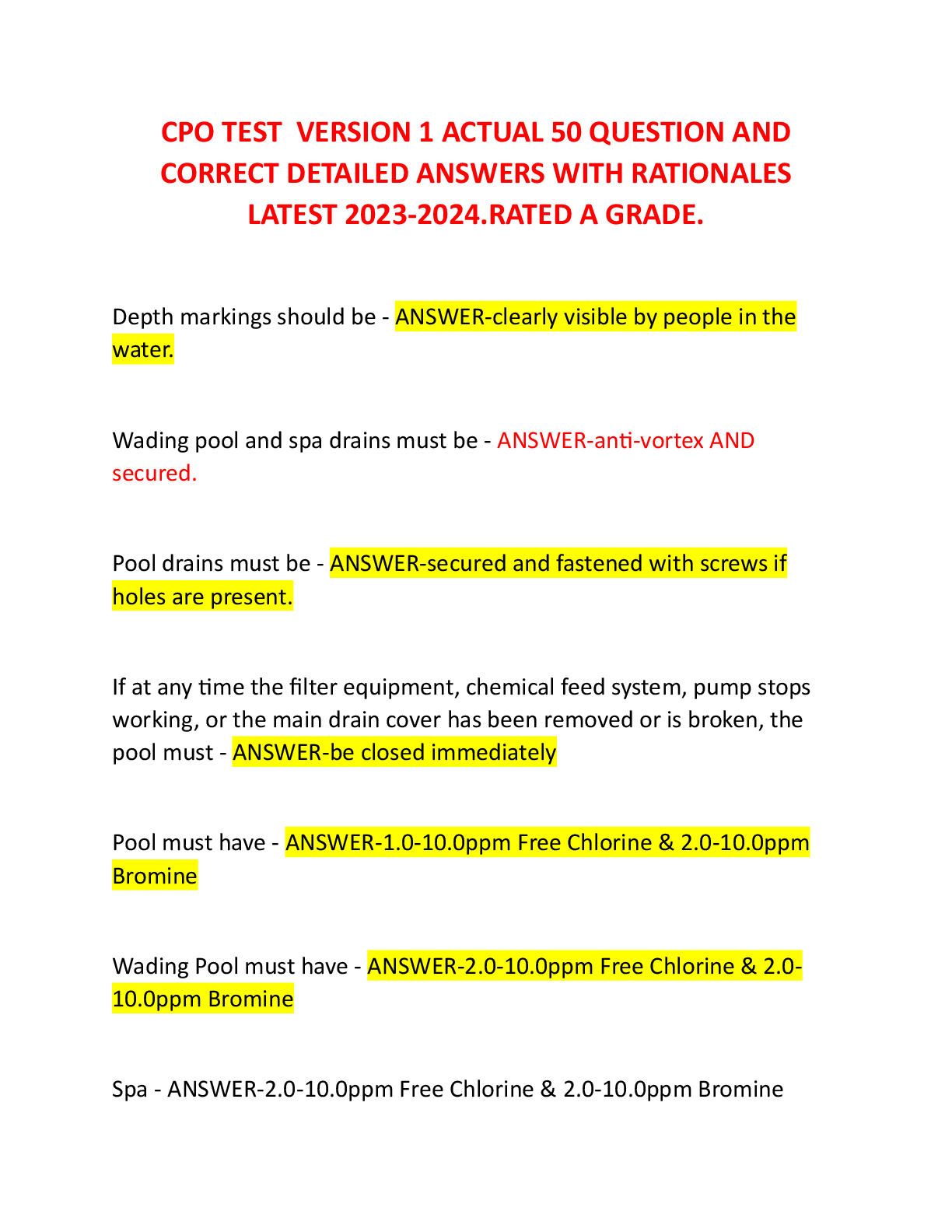 Recommended document preview for CPO TEST  VERSION 1 ACTUAL 50 QUESTION AND  CORRECT DETAILED ANSWERS WITH RATIONALES LATEST 2023-2024.RATED A GRADE.