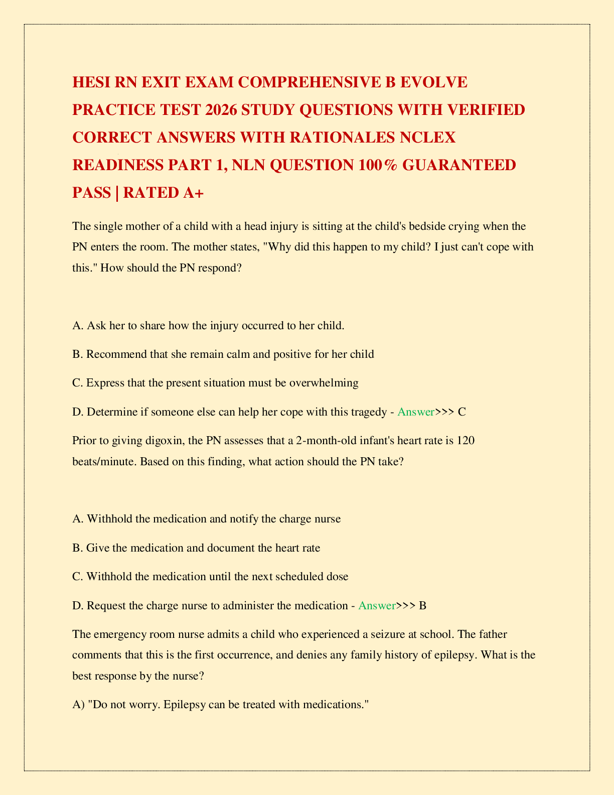 Recommended document preview for HESI RN EXIT EXAM COMPREHENSIVE B EVOLVE PRACTICE TEST 2026 STUDY QUESTIONS WITH VERIFIED CORRECT ANSWERS WITH RATIONALES NCLEX READINESS PART 1, NLN QUESTION 100% GUARANTEED PASS | RATED A+