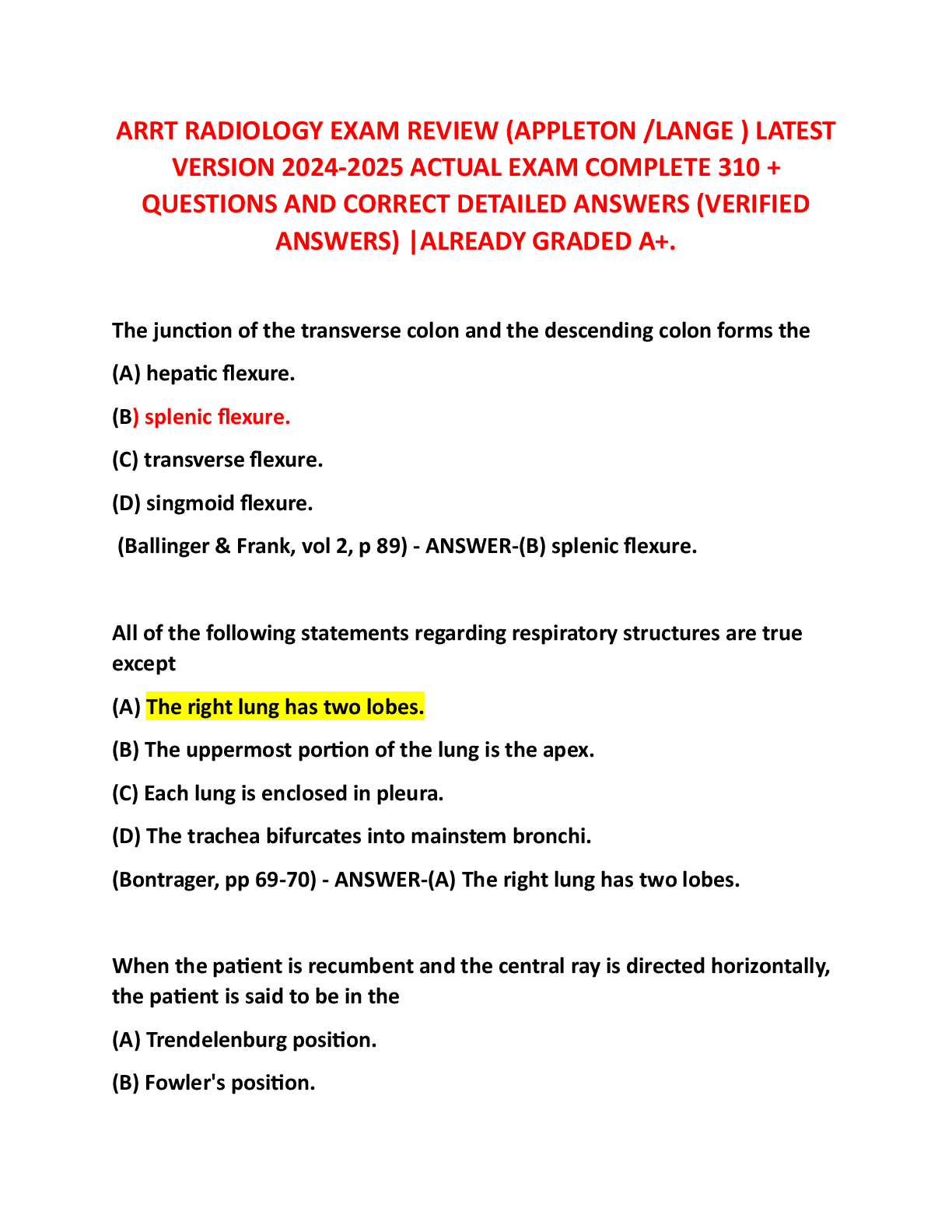 Recommended document preview for ARRT RADIOLOGY EXAM REVIEW (APPLETON /LANGE ) LATEST  VERSION 2024-2026 ACTUAL EXAM COMPLETE 310 +  QUESTIONS AND CORRECT DETAILED ANSWERS (VERIFIED ANSWERS) |ALREADY GRADED A+.