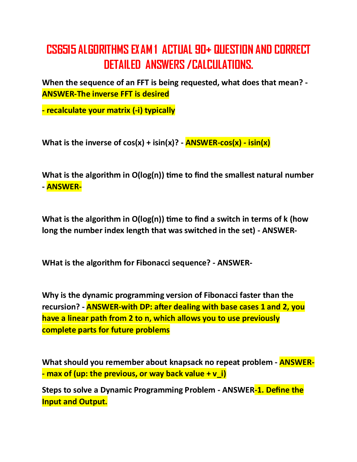 Recommended document preview for CS6515 ALGORITHMS EXAM 1  ACTUAL 90+ QUESTION AND CORRECT DETAILED  ANSWERS /CALCULATIONS.
