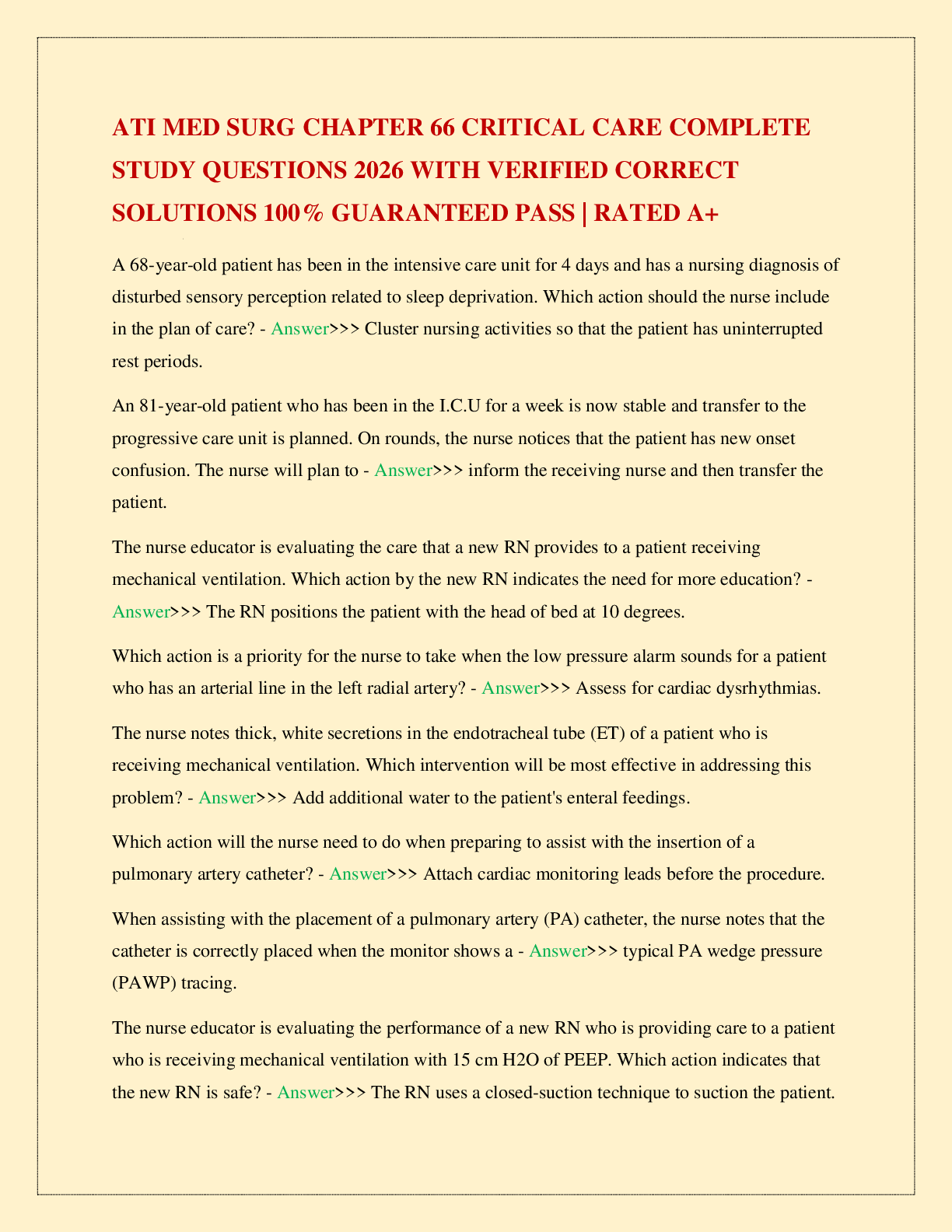 ATI MED SURG CHAPTER 66 CRITICAL CARE COMPLETE STUDY QUESTIONS 2026 WITH VERIFIED CORRECT SOLUTIONS 100% GUARANTEED PASS | RATED A+