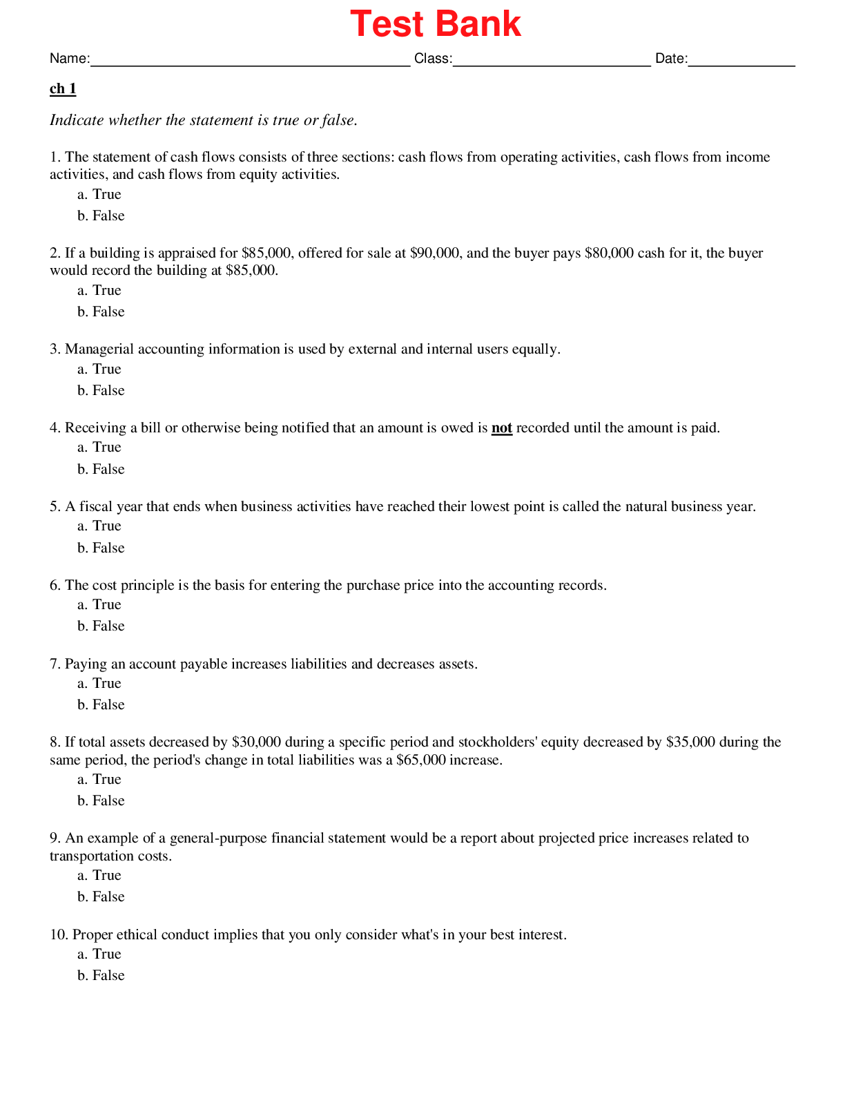Recommended document preview for Test Bank Financial & Managerial Accounting 15th Edition By Carl Warren, James Reeve, Jonathan Duchac Chapters 1-28