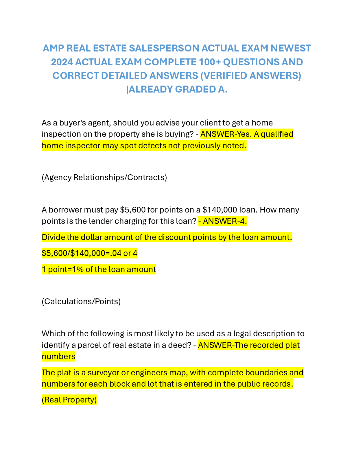 Preview of AMP REAL ESTATE SALESPERSON ACTUAL EXAM NEWEST 2024-2026 ACTUAL EXAM COMPLETE 100+ QUESTIO
