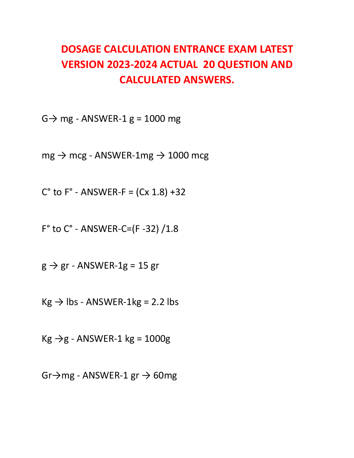 Preview of DOSAGE CALCULATION ENTRANCE EXAM LATEST VERSION 2023-2024 ACTUAL  20 QUESTION AND CALCULATED ANSWERS.