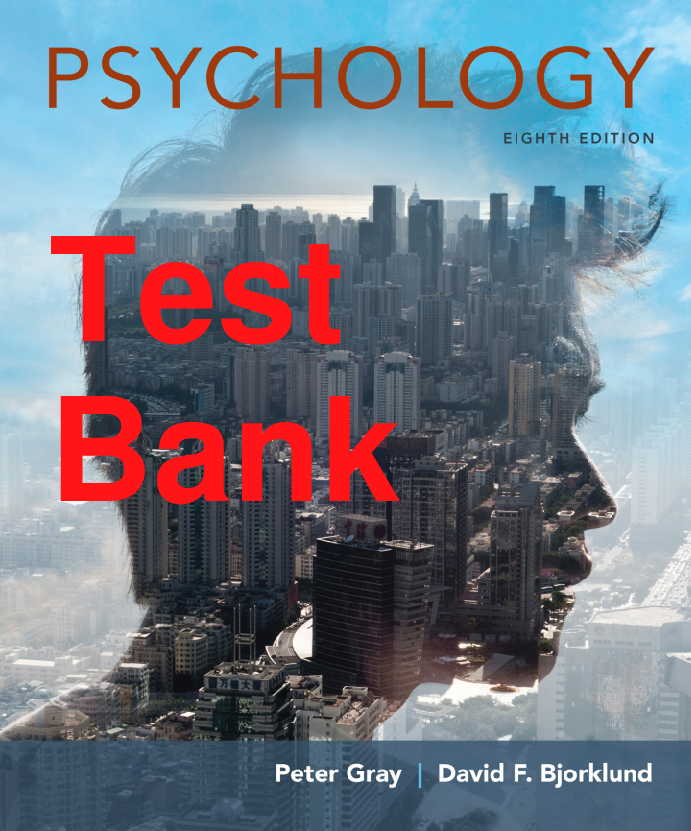 Recommended document preview for Test Bank Psychology 8th Edition By Peter Gray, David Bjorklund