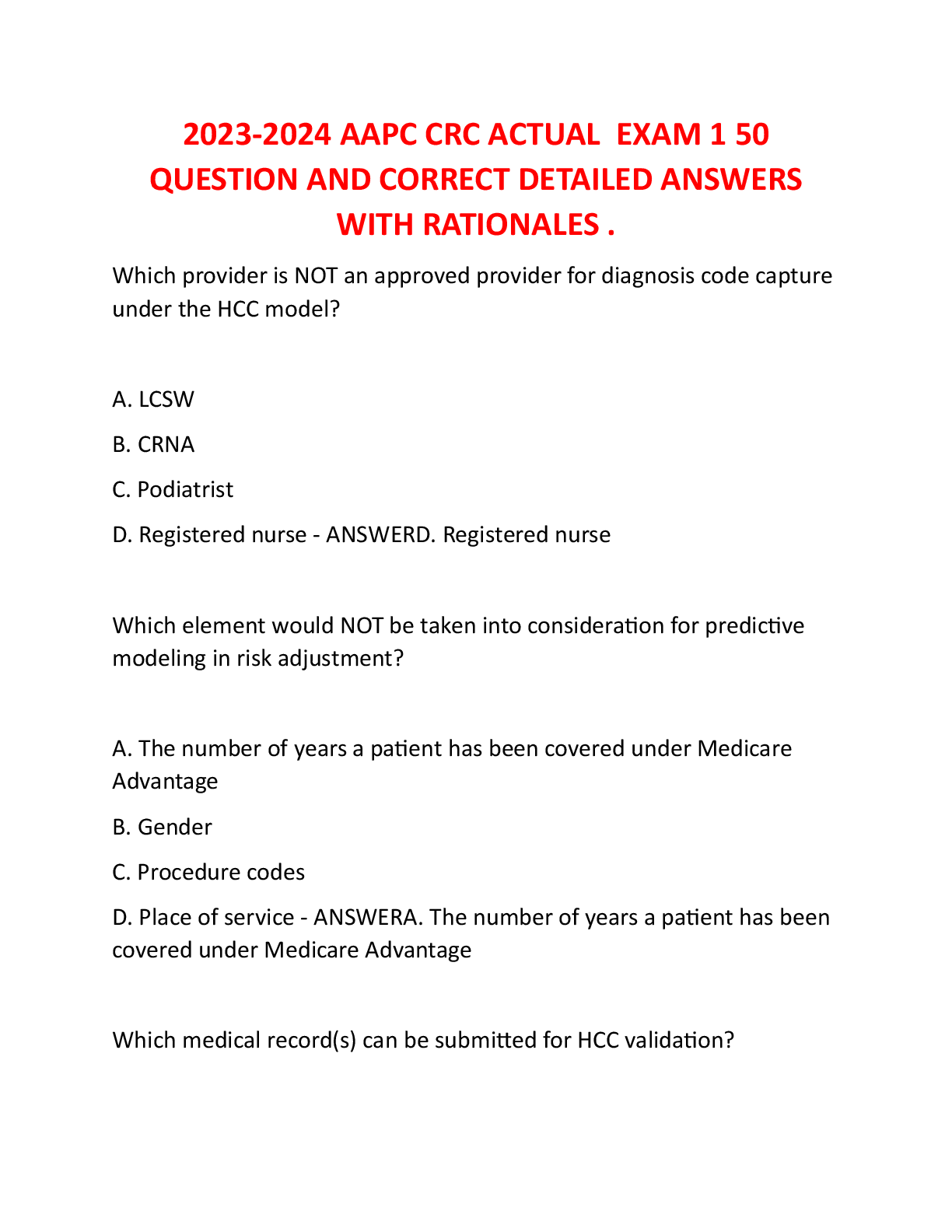 Recommended document preview for 2023-2026 AAPC CRC ACTUAL  EXAM 150 QUESTION AND CORRECT DETAILED ANSWERS WITH RATIONALES .
