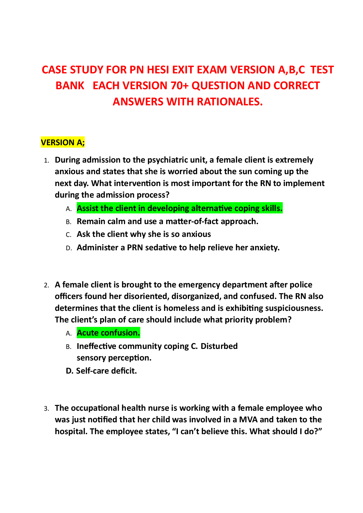 Recommended document preview for CASE STUDY FOR PN HESI EXIT EXAM VERSION A,B,C  TEST BANK   EACH VERSION 70+ QUESTION AND CORRECT ANSWERS WITH RATIONALES.