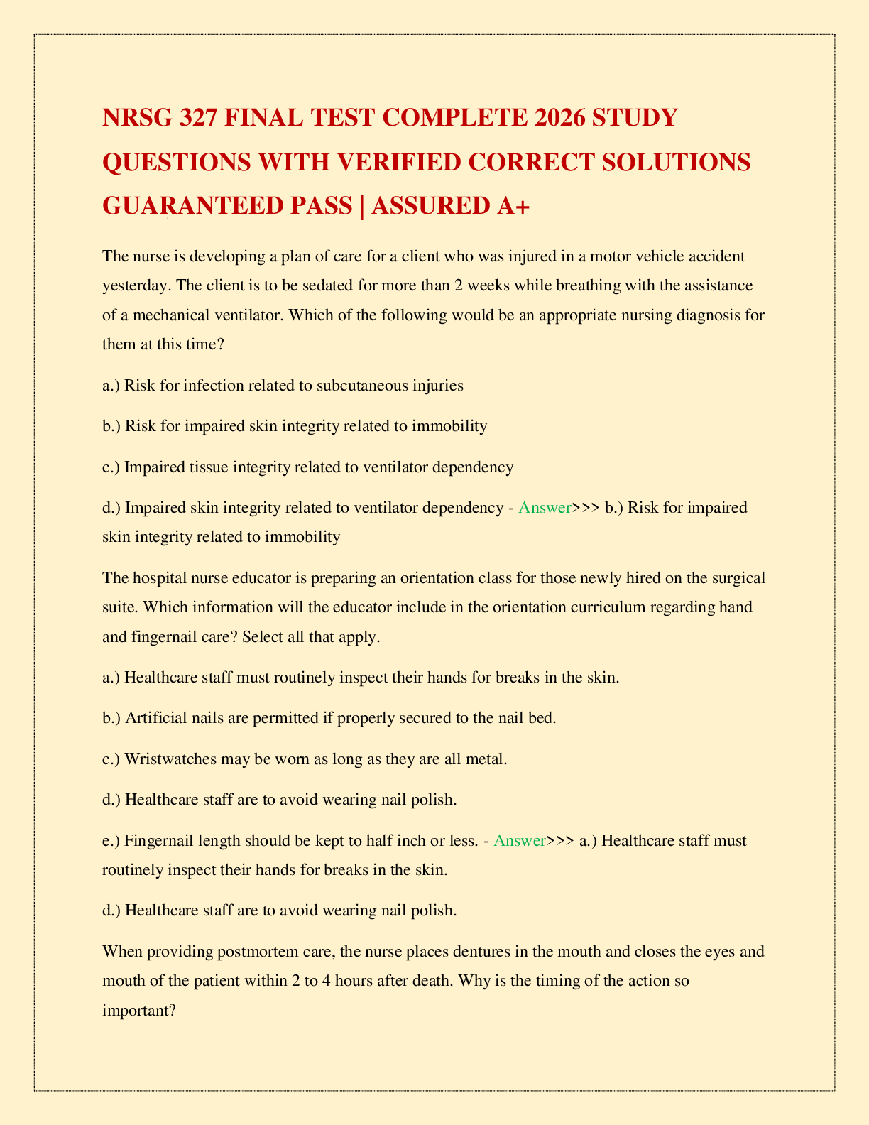 Recommended document preview for NRSG 327 FINAL TEST COMPLETE 2026 STUDY QUESTIONS WITH VERIFIED CORRECT SOLUTIONS GUARANTEED PASS | ASSURED A+