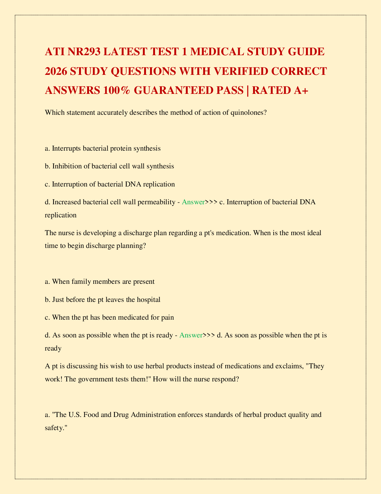 Recommended document preview for ATI NR293 LATEST TEST 1 MEDICAL STUDY GUIDE 2026 STUDY QUESTIONS WITH VERIFIED CORRECT ANSWERS 100% GUARANTEED PASS | RATED A+