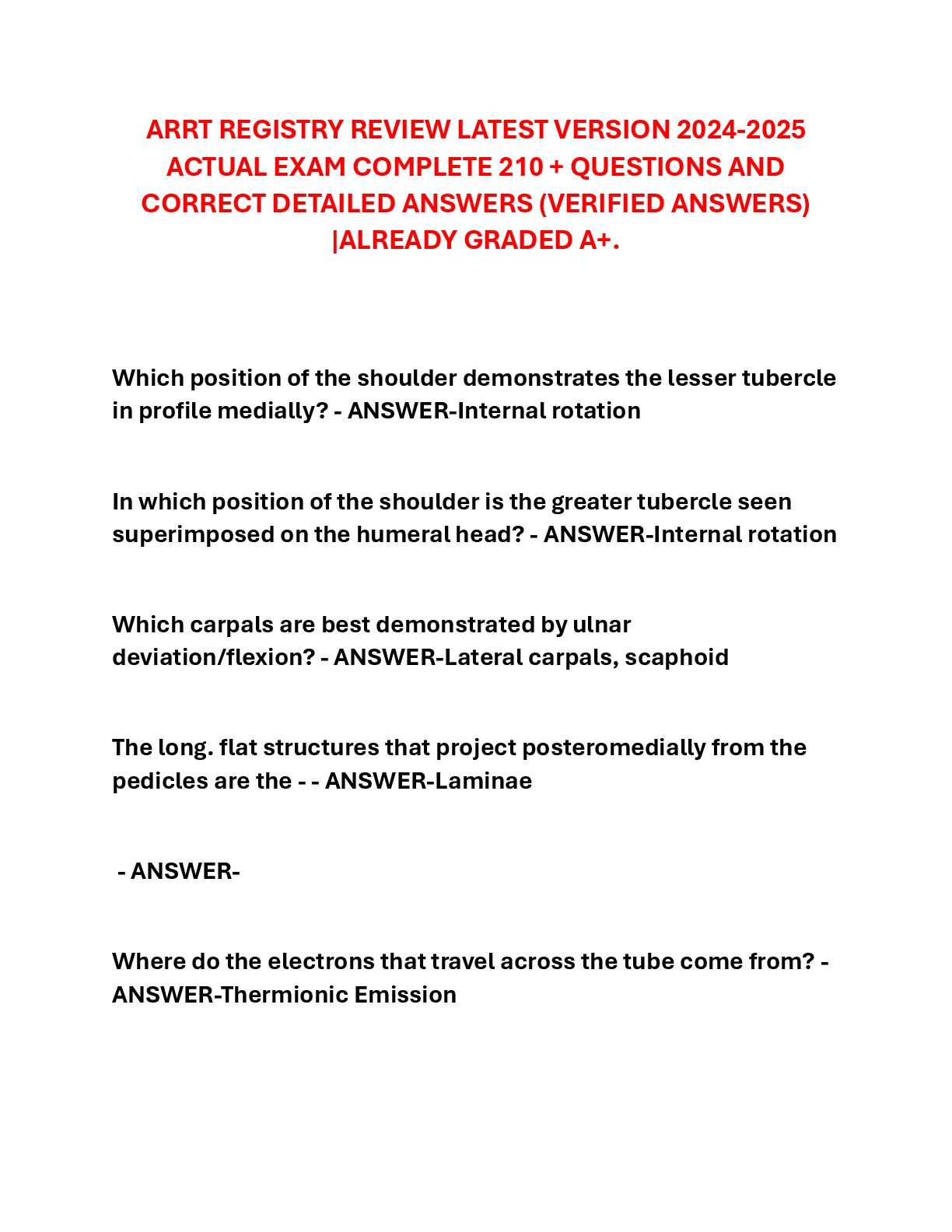 Recommended document preview for ARRT REGISTRY REVIEW LATEST VERSION 2024-2026 ACTUAL EXAM COMPLETE 210 + QUESTIONS AND CORRECT DETAILED ANSWERS (VERIFIED ANSWERS) |ALREADY GRADED A+.