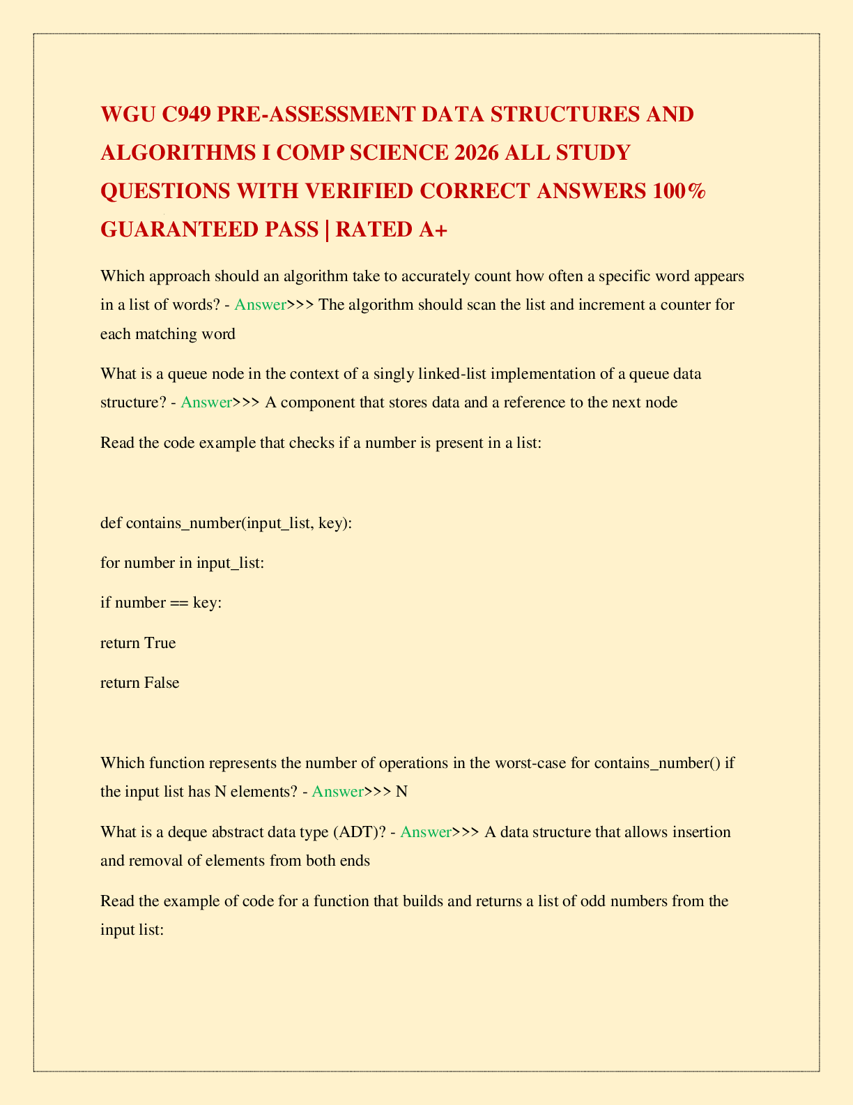 Recommended document preview for WGU C949 PRE-ASSESSMENT DATA STRUCTURES AND ALGORITHMS I COMP SCIENCE 2026 ALL STUDY QUESTIONS WITH VERIFIED CORRECT ANSWERS 100% GUARANTEED PASS | RATED A+