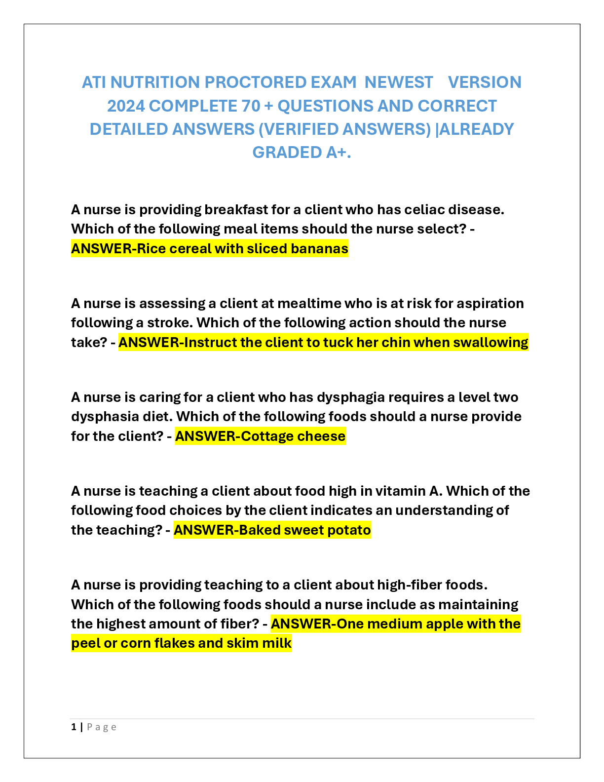 Recommended document preview for ATI NUTRITION PROCTORED EXAM  NEWEST    VERSION  2024-2026 COMPLETE 70 + QUESTIONS AND CORRECT  DETAILED ANSWERS (VERIFIED ANSWERS) |ALREADY GRADED A+.