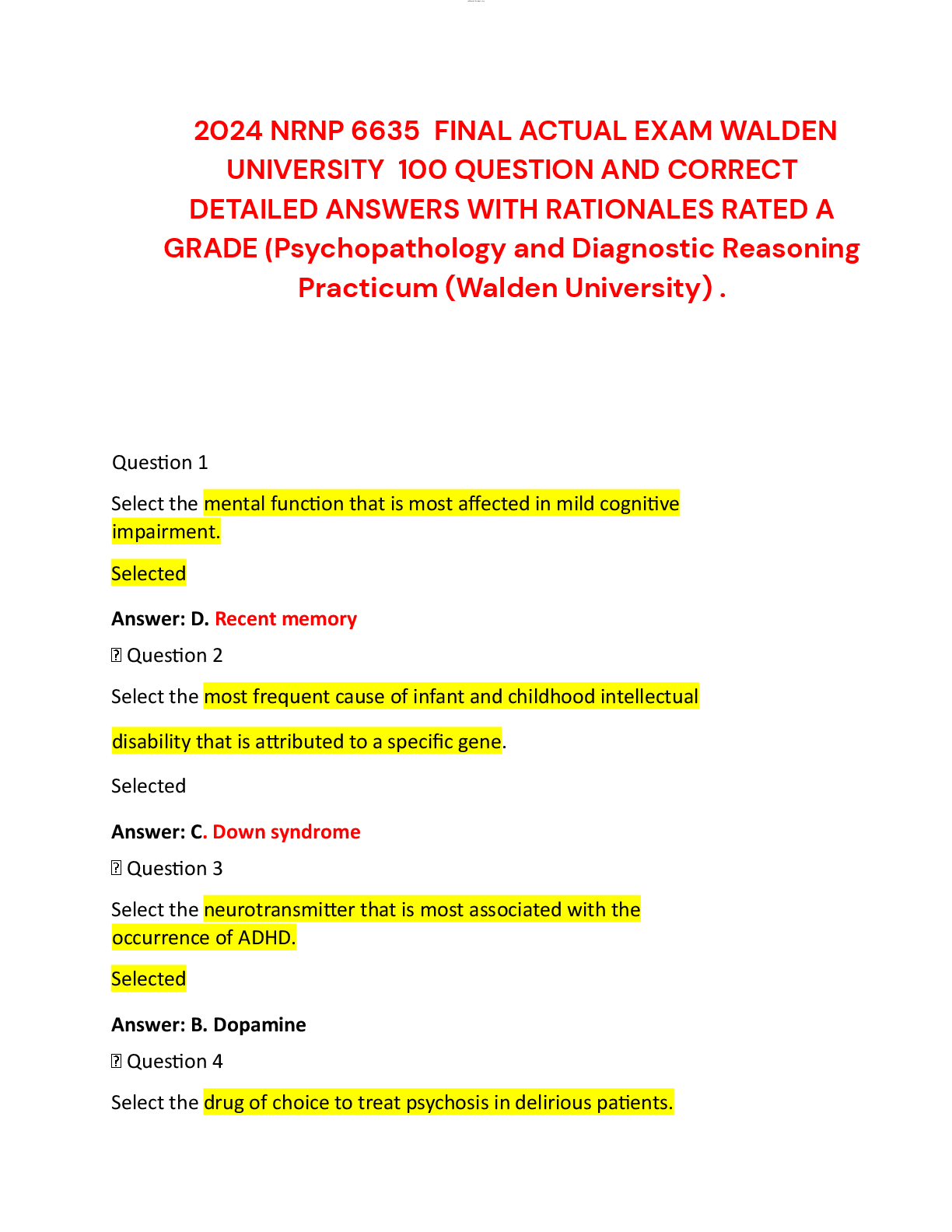 Recommended document preview for 2024-2026 NRNP 6635  FINAL ACTUAL EXAM WALDEN UNIVERSITY  100 QUESTION AND CORRECT DETAILED ANSWERS WITH RATIONALES RATED A GRADE (Psychopathology and Diagnostic Reasoning Practicum (Walden University) .