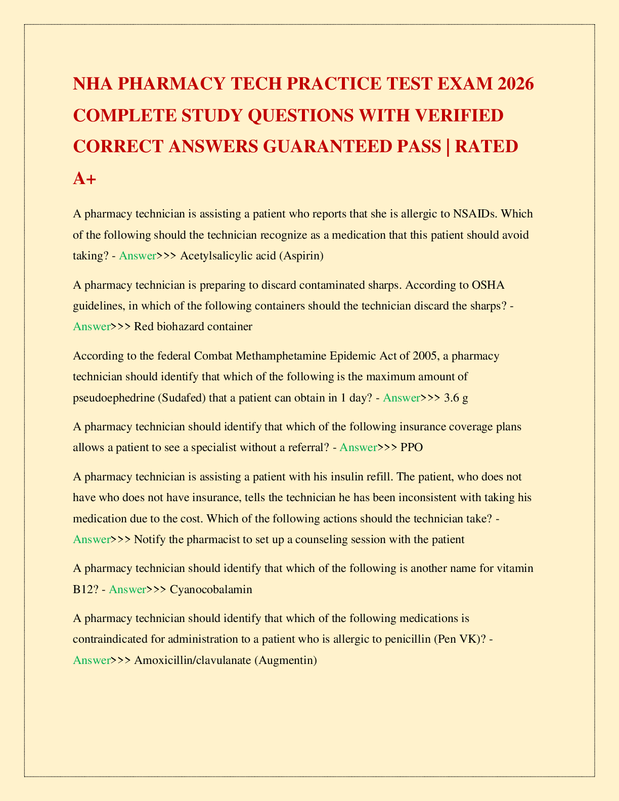 NHA PHARMACY TECH PRACTICE TEST EXAM 2026 COMPLETE STUDY QUESTIONS WITH VERIFIED CORRECT ANSWERS GUARANTEED PASS | RATED A+