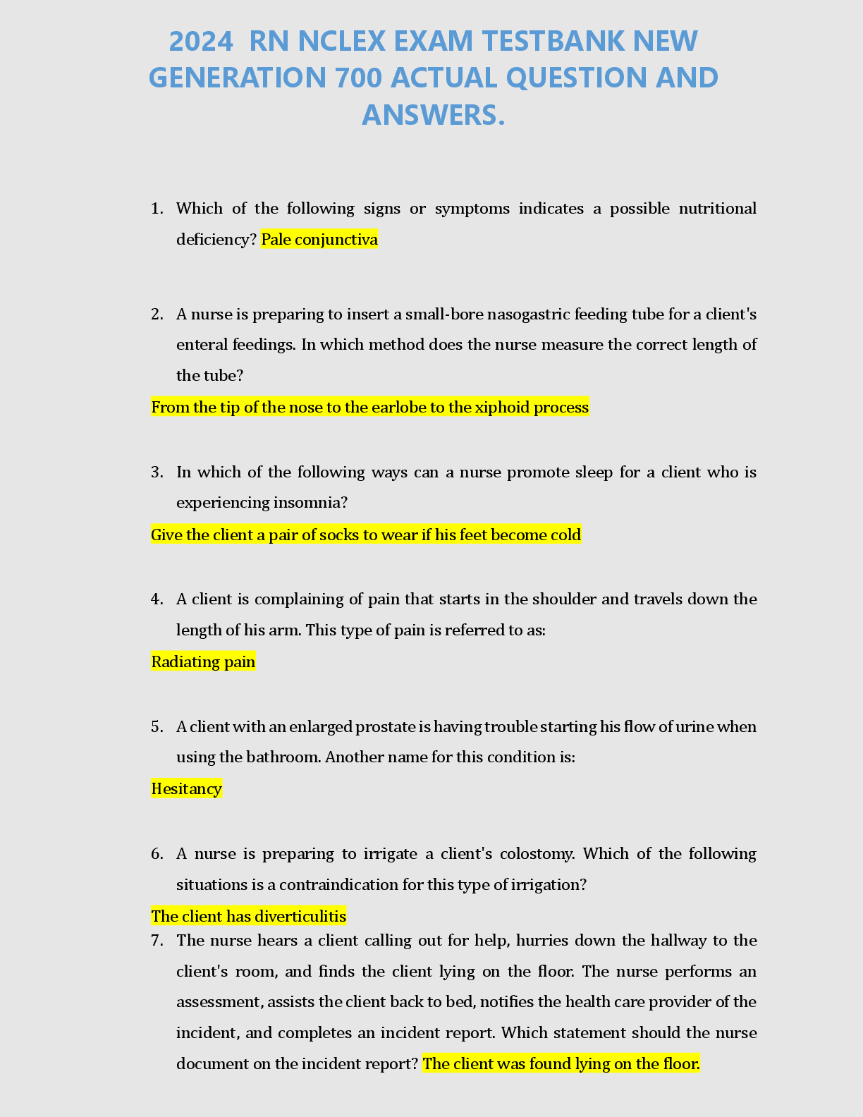 Recommended document preview for 2024-2026  RN NCLEX EXAM TESTBANK NEW  GENERATION 700 ACTUAL QUESTION AND ANSWERS.