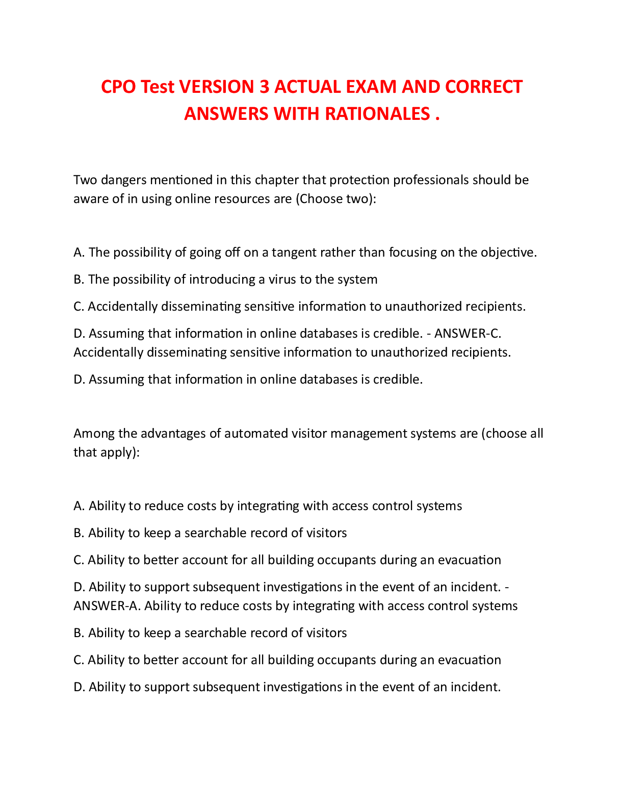 Preview image for CPO Test VERSION 3 ACTUAL EXAM AND CORRECT ANSWERS WITH RATIONALES .