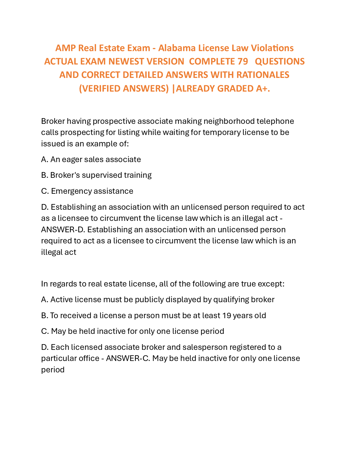 Preview of AMP Real Estate Exam - Alabama License Law Violations  ACTUAL EXAM NEWEST VERSION  COMPLET