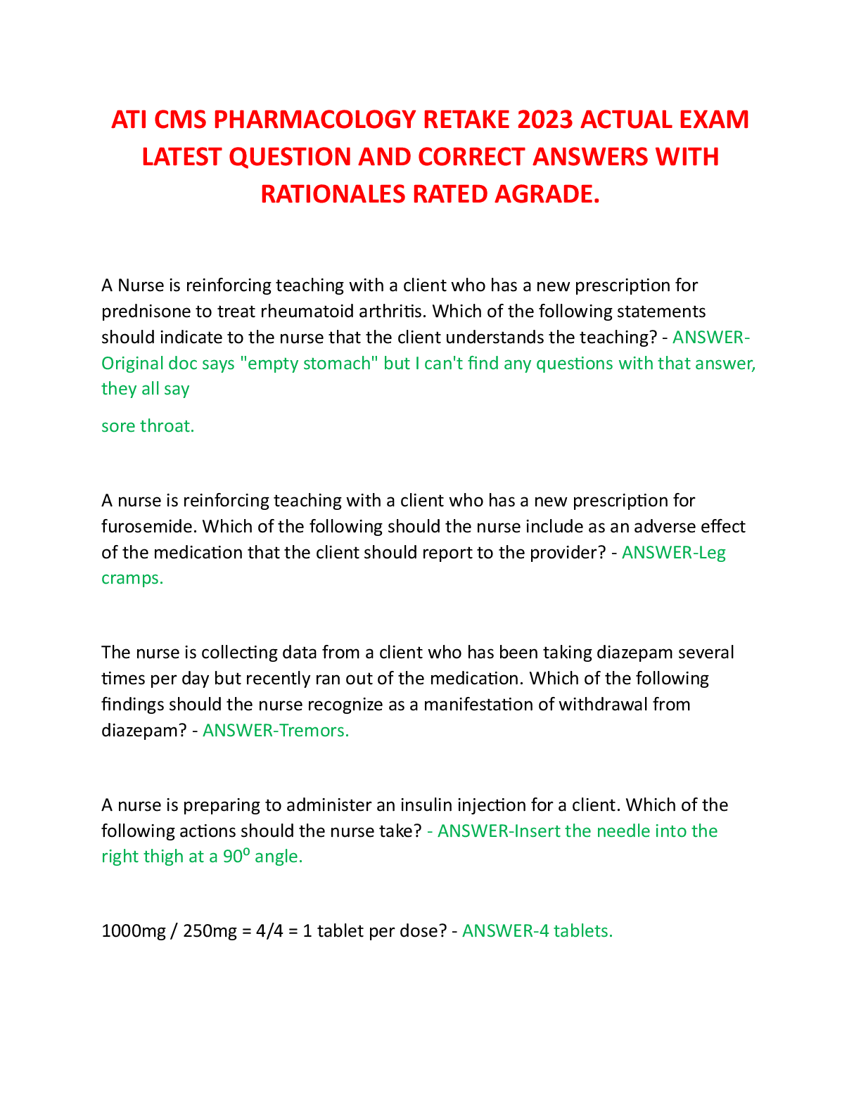 Recommended document preview for ATI CMS PHARMACOLOGY RETAKE 2023-2026 ACTUAL EXAM LATEST QUESTION AND CORRECT ANSWERS WITH RATIONALES RATED AGRADE