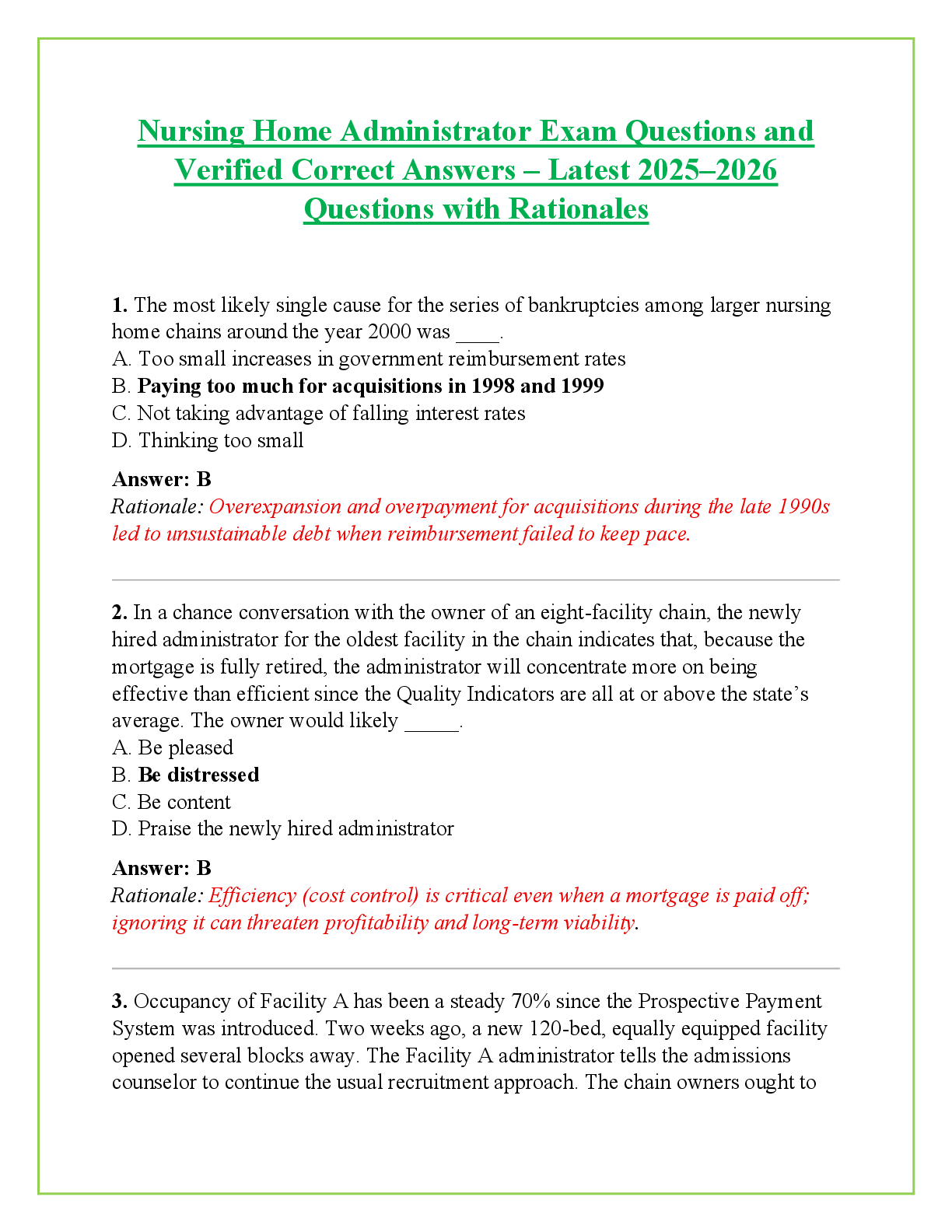 Recommended document preview for Nursing Home Administrator Exam Questions and  Verified Correct Answers – Latest 2025–2026  Questions with Rationales