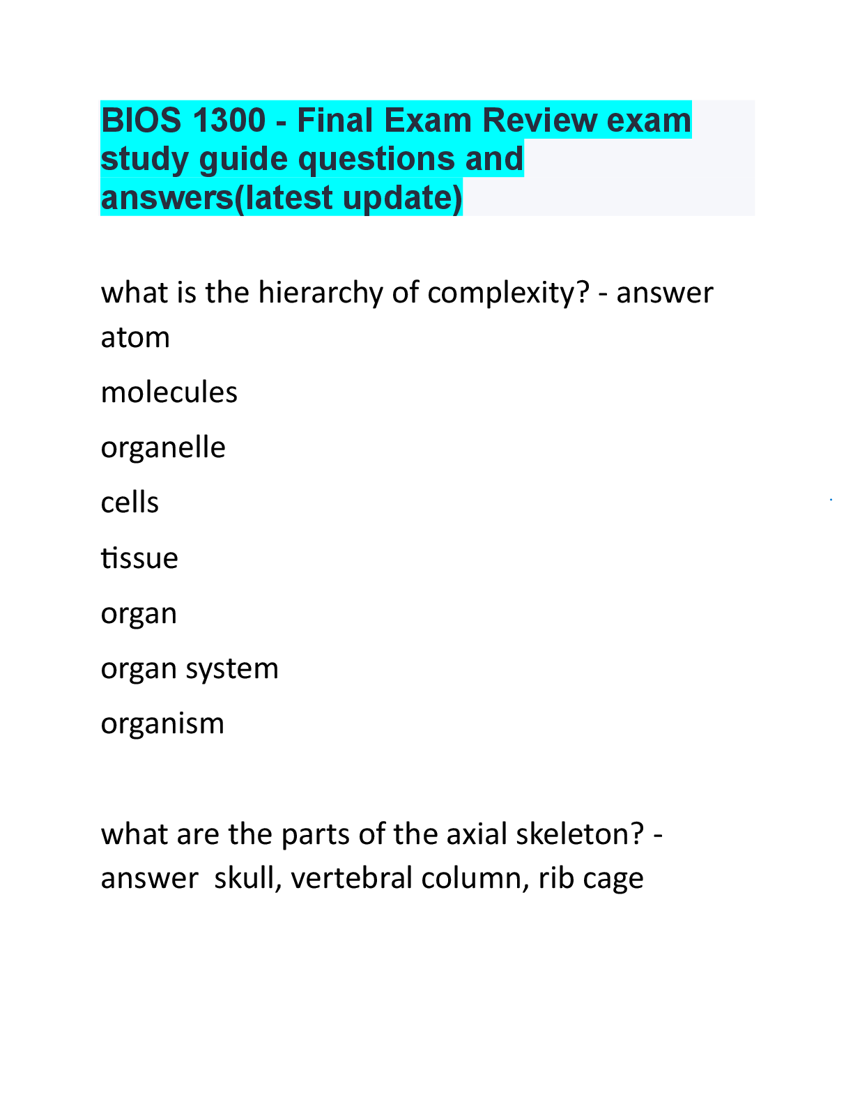 Recommended document preview for BIOS 1300 Final Exam Review and study guide