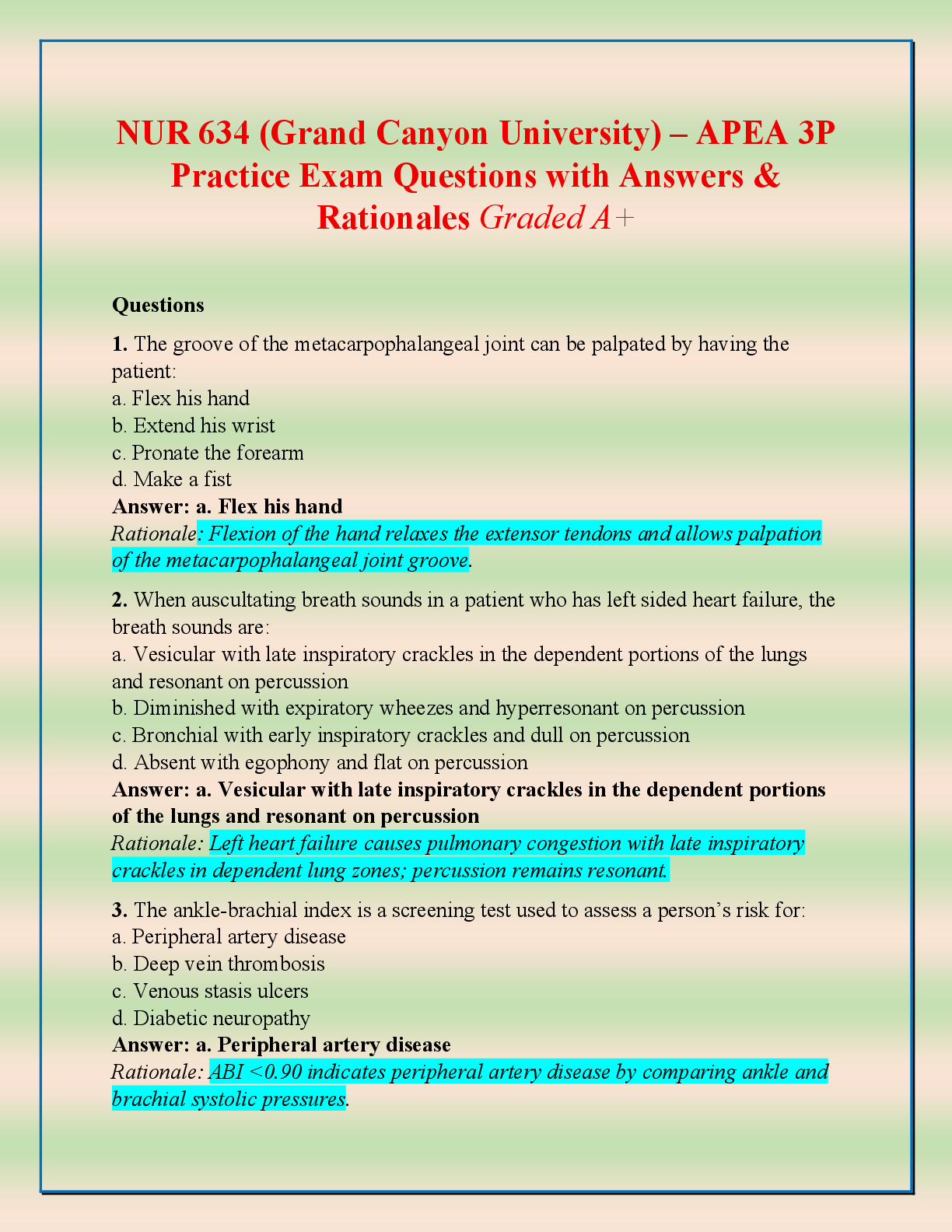 Recommended document preview for NUR 634 (Grand Canyon University) – APEA 3P Practice Exam Questions with Answers & Rationales Graded A+