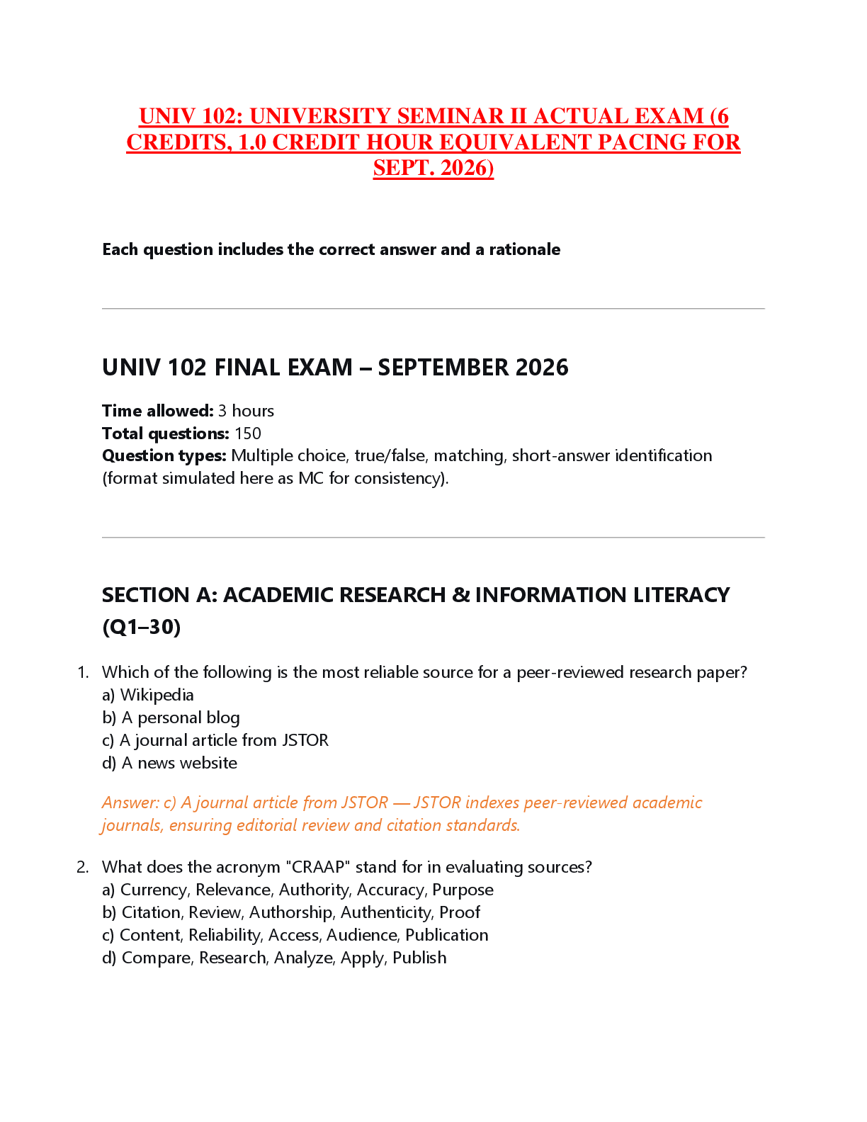 Preview of UNIV 102: UNIVERSITY SEMINAR II ACTUAL EXAM (6  CREDITS, 1.0 CREDIT HOUR EQUIVALENT PACING FOR  SEPT. 2026)