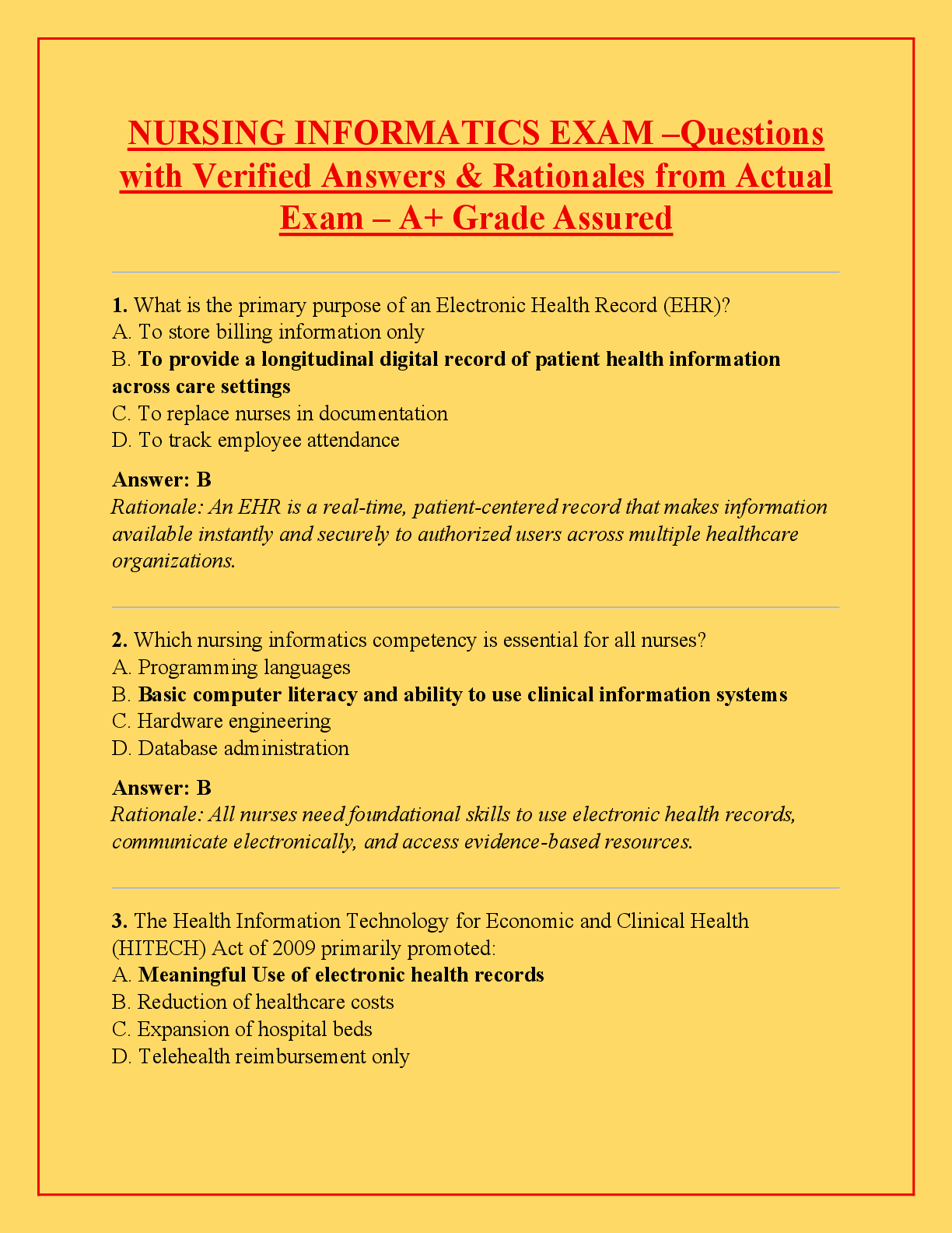 Recommended document preview for NURSING INFORMATICS EXAM –Questions  with Verified Answers & Rationales from Actual  Exam – A+ Grade Assured