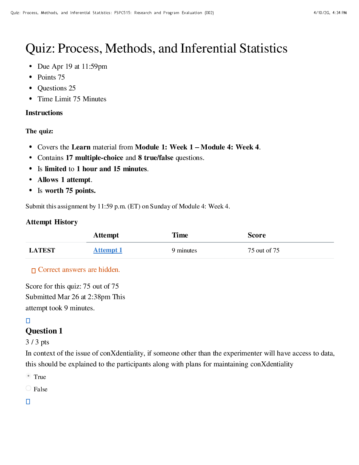 Recommended document preview for COUC 515 Quiz: Process, Methods, and Inferential Statistics | Score 75/75 | Liberty University
