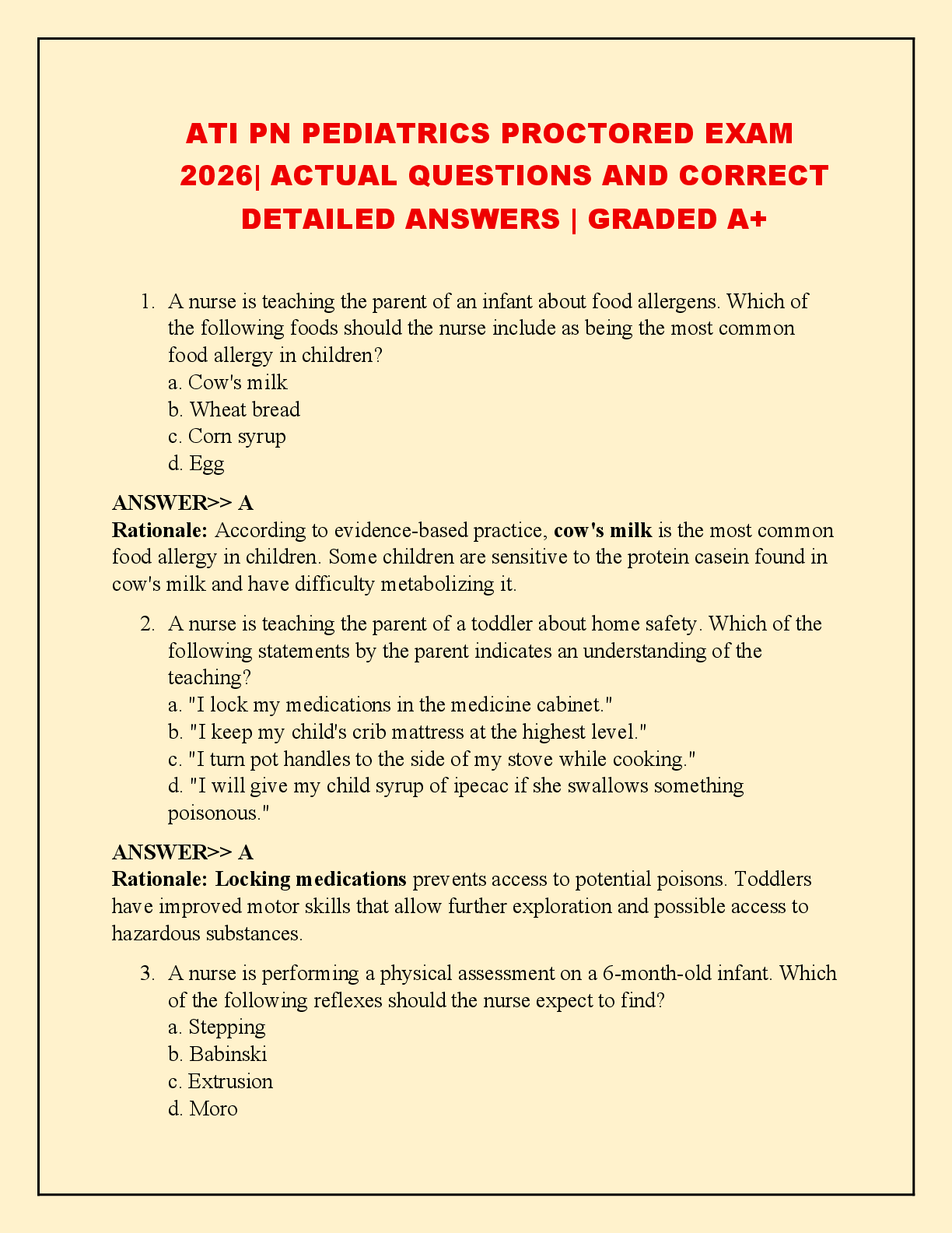 Preview of ATI PN PEDIATRICS PROCTORED EXAM  2026| ACTUAL QUESTIONS AND CORRECT  DETAILED ANSWERS | G