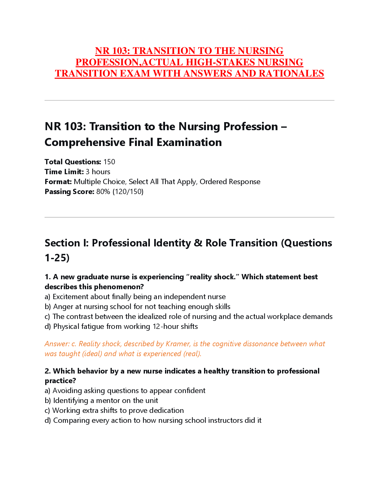 Preview of NR 103: TRANSITION TO THE NURSING  PROFESSION,ACTUAL HIGH-STAKES NURSING  TRANSITION EXAM WITH ANSWERS AND RATIONALES