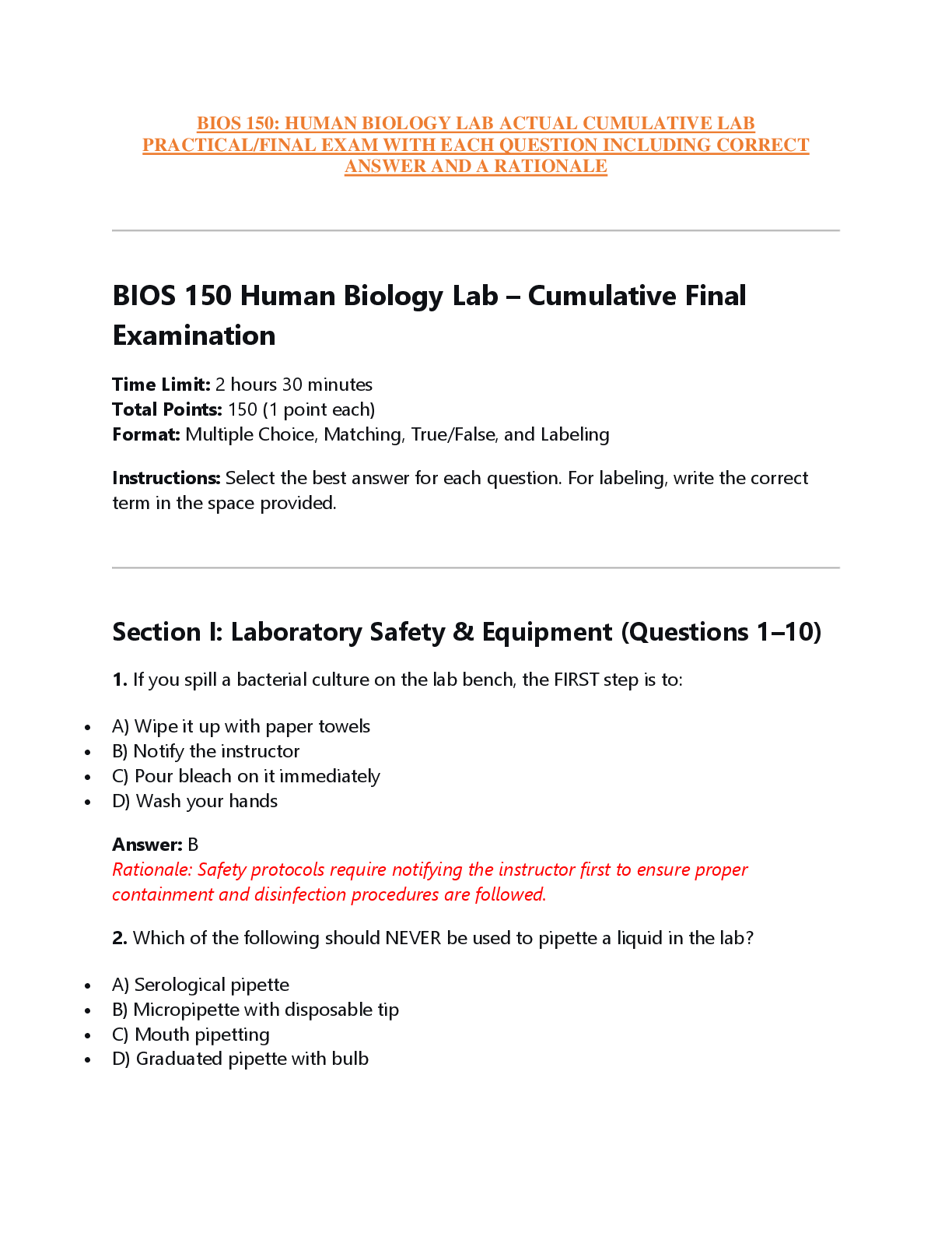 Preview of BIOS 150: HUMAN BIOLOGY LAB ACTUAL CUMULATIVE LAB  PRACTICAL/FINAL EXAM WITH EACH QUESTION INCLUDING CORRECT  ANSWER AND A RATIONALE