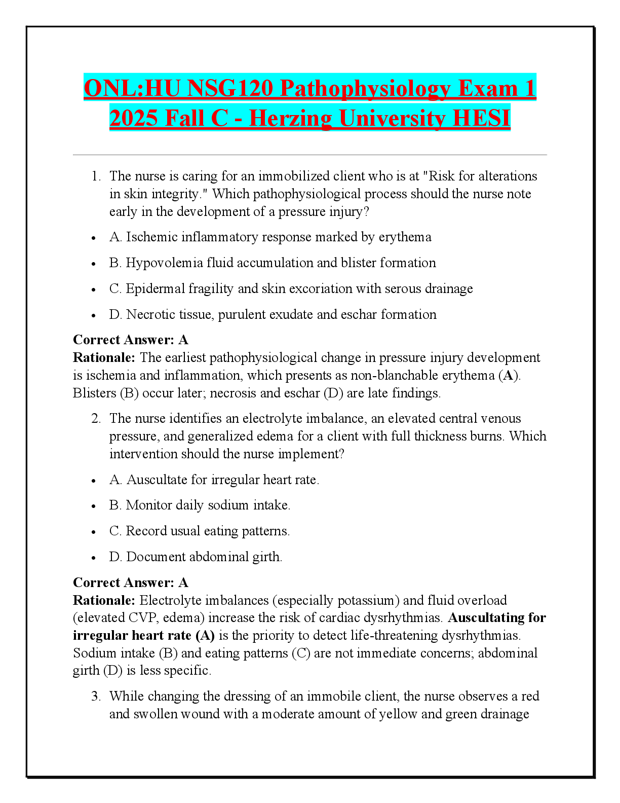 Recommended document preview for ONL:HU NSG120 Pathophysiology Exam 1  2025 Fall C - Herzing University HESI