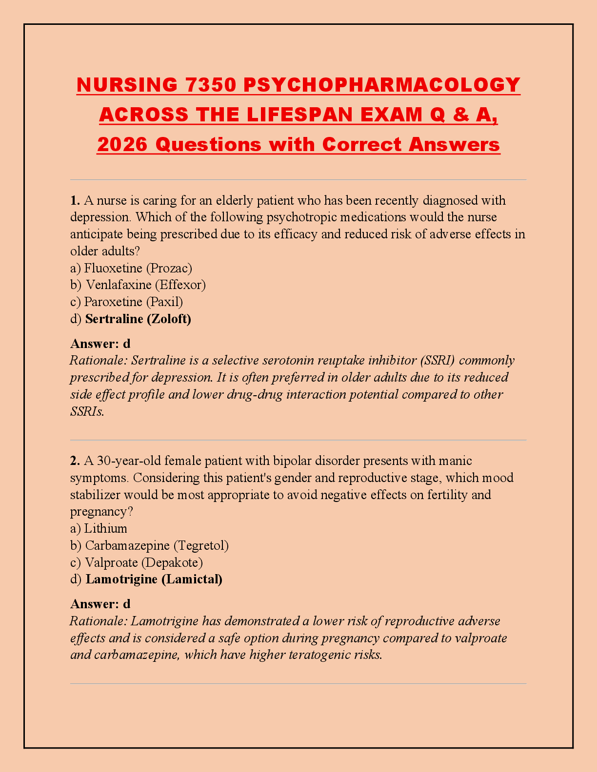 Recommended document preview for NURSING 7350 PSYCHOPHARMACOLOGY  ACROSS THE LIFESPAN EXAM Q & A,  2026 Questions with Correct Answers