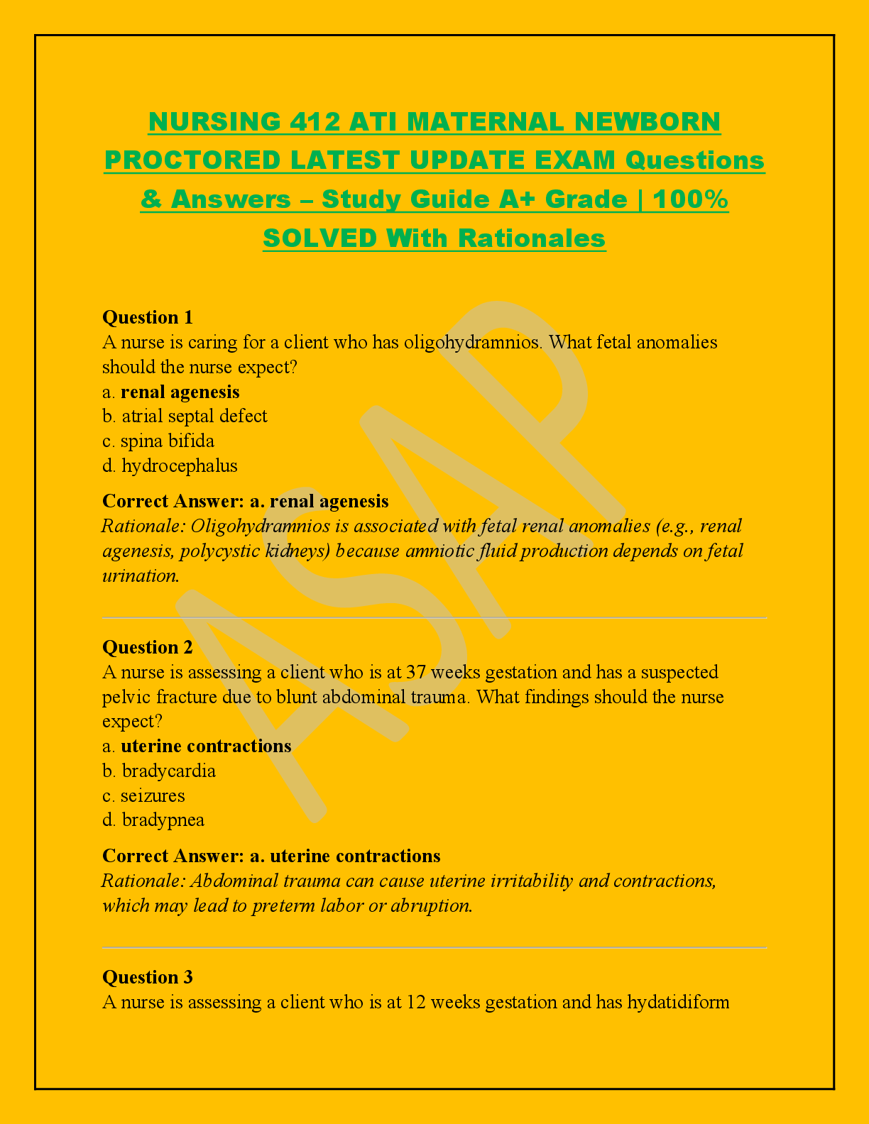 Recommended document preview for NURSING 412 ATI MATERNAL NEWBORN  PROCTORED LATEST UPDATE EXAM Questions  & Answers – Study Guide A+ Grade | 100%  SOLVED With Rationales