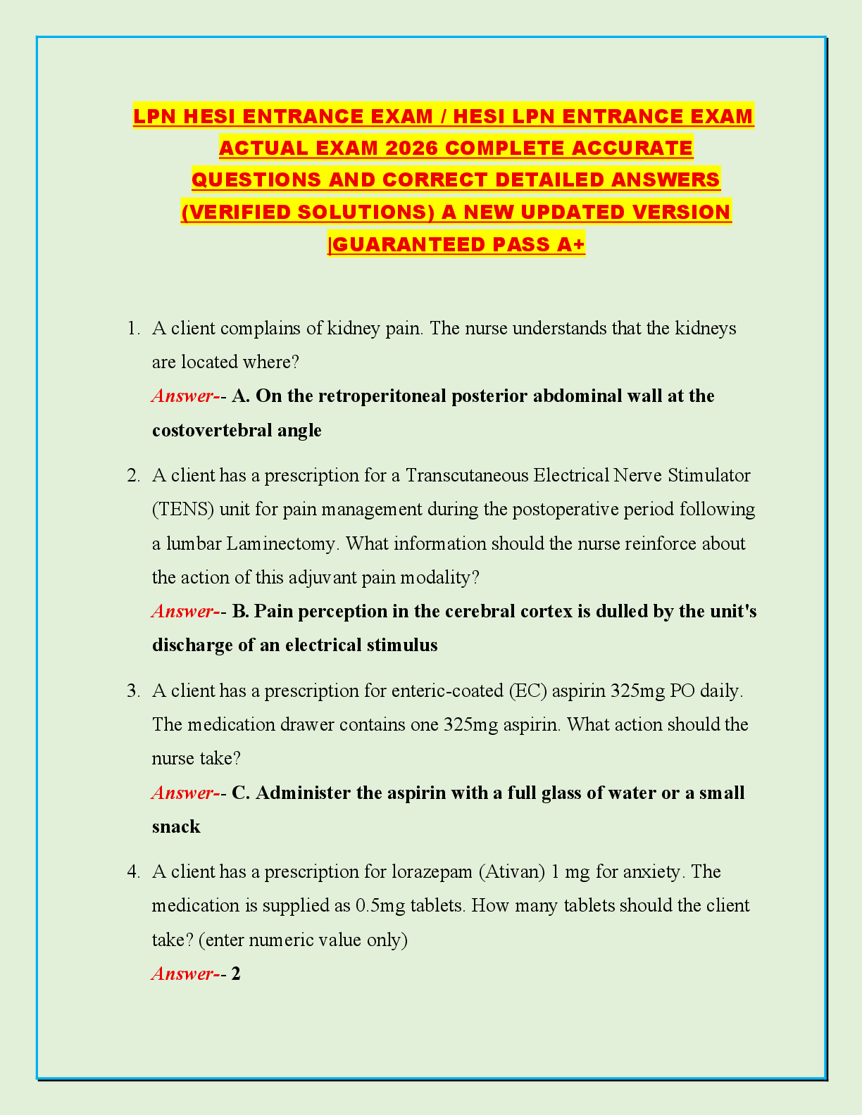 Preview of LPN HESI ENTRANCE EXAM / HESI LPN ENTRANCE EXAM  ACTUAL EXAM 2026 COMPLETE ACCURATE  QUESTIONS AND CORRECT DETAILED ANSWERS  (VERIFIED SOLUTIONS) A NEW UPDATED VERSION  |GUARANTEED PASS A+