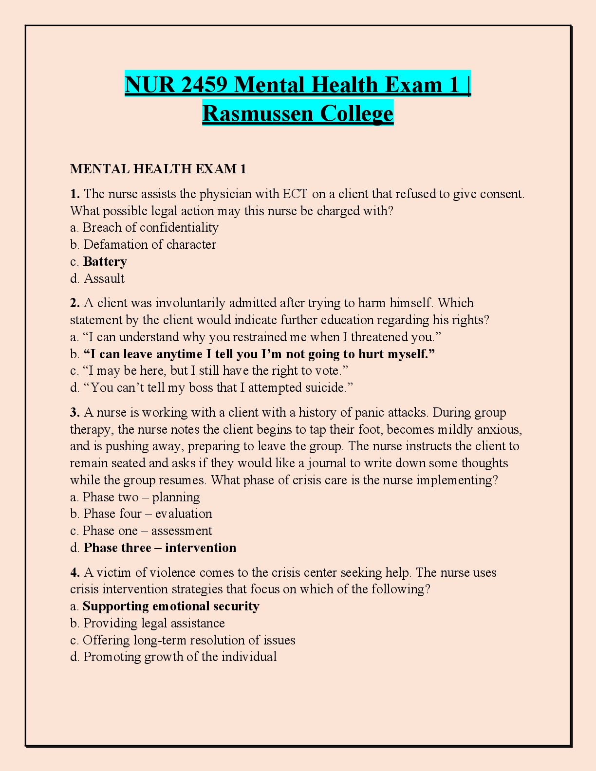 Recommended document preview for NUR 2459 Mental Health Exam 1 | Rasmussen College