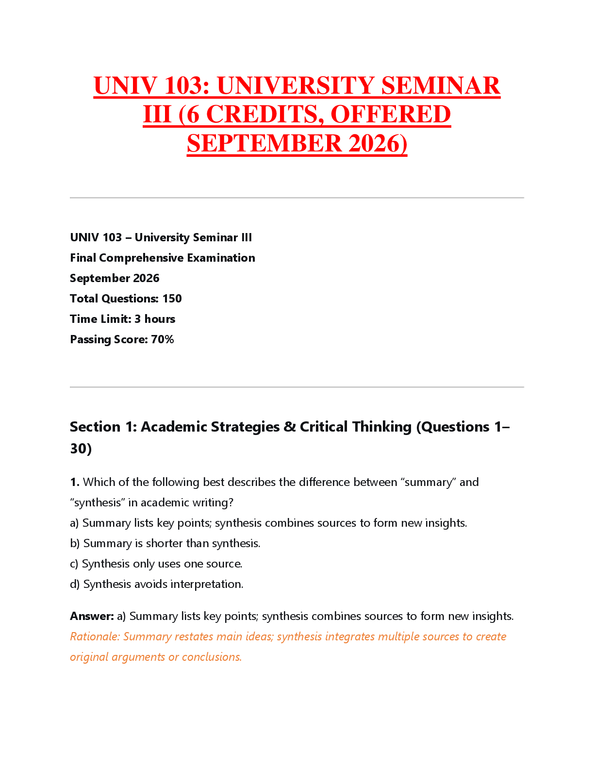 Recommended document preview for UNIV 103: UNIVERSITY SEMINAR  III (6 CREDITS, OFFERED  SEPTEMBER 2026)