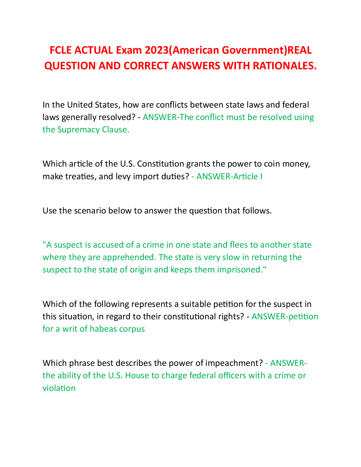 Preview of FCLE ACTUAL Exam 2023(American Government)REAL  QUESTION AND CORRECT ANSWERS WITH RATIONALES