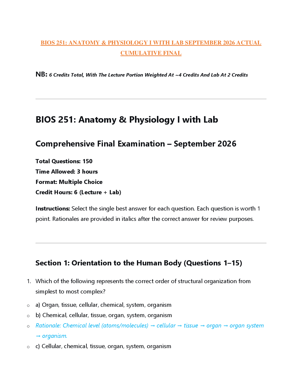 Recommended document preview for BIOS 251: ANATOMY & PHYSIOLOGY I WITH LAB SEPTEMBER 2026 ACTUAL  CUMULATIVE FINAL