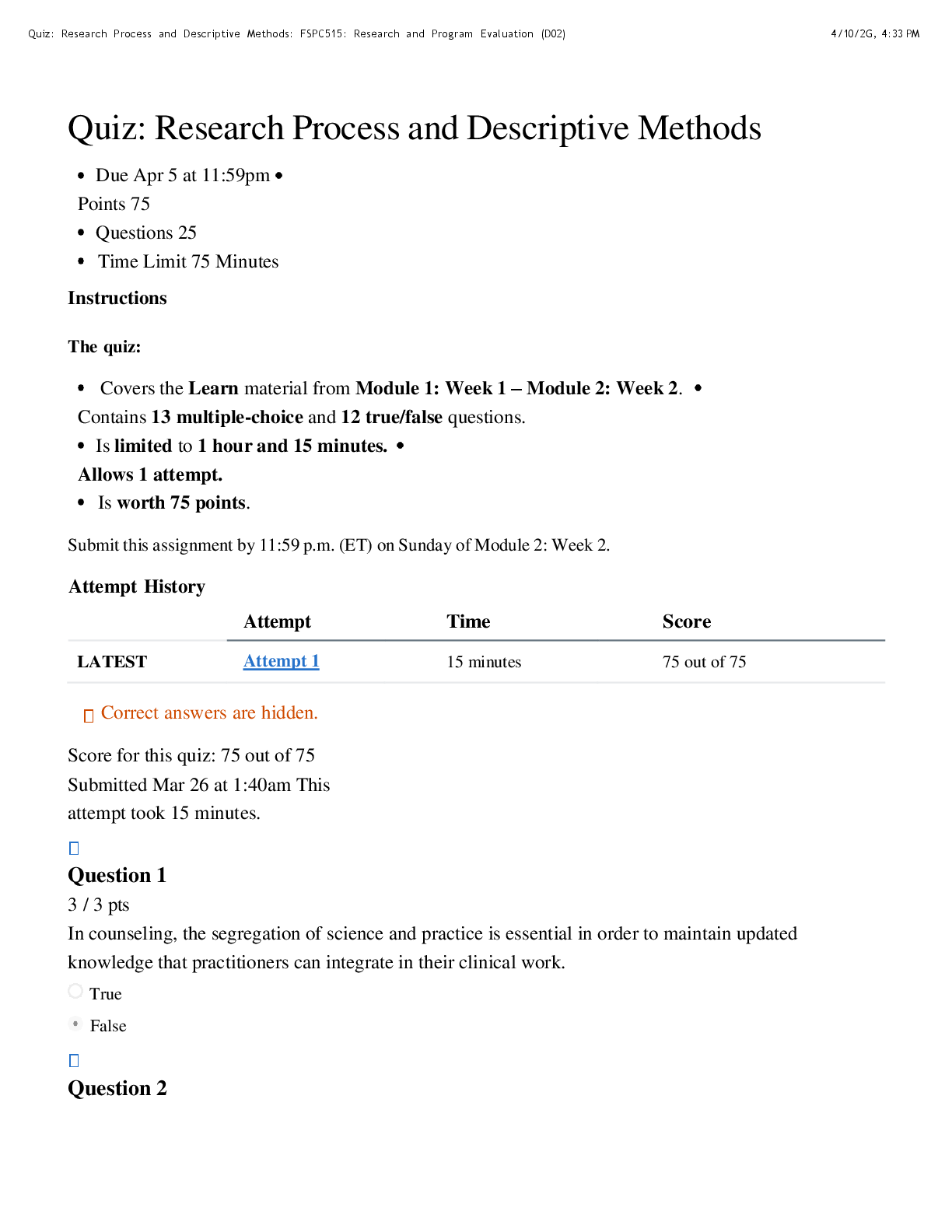Recommended document preview for COUC 515 Quiz: Research Process and Descriptive Methods | Score 75/75 | Liberty University