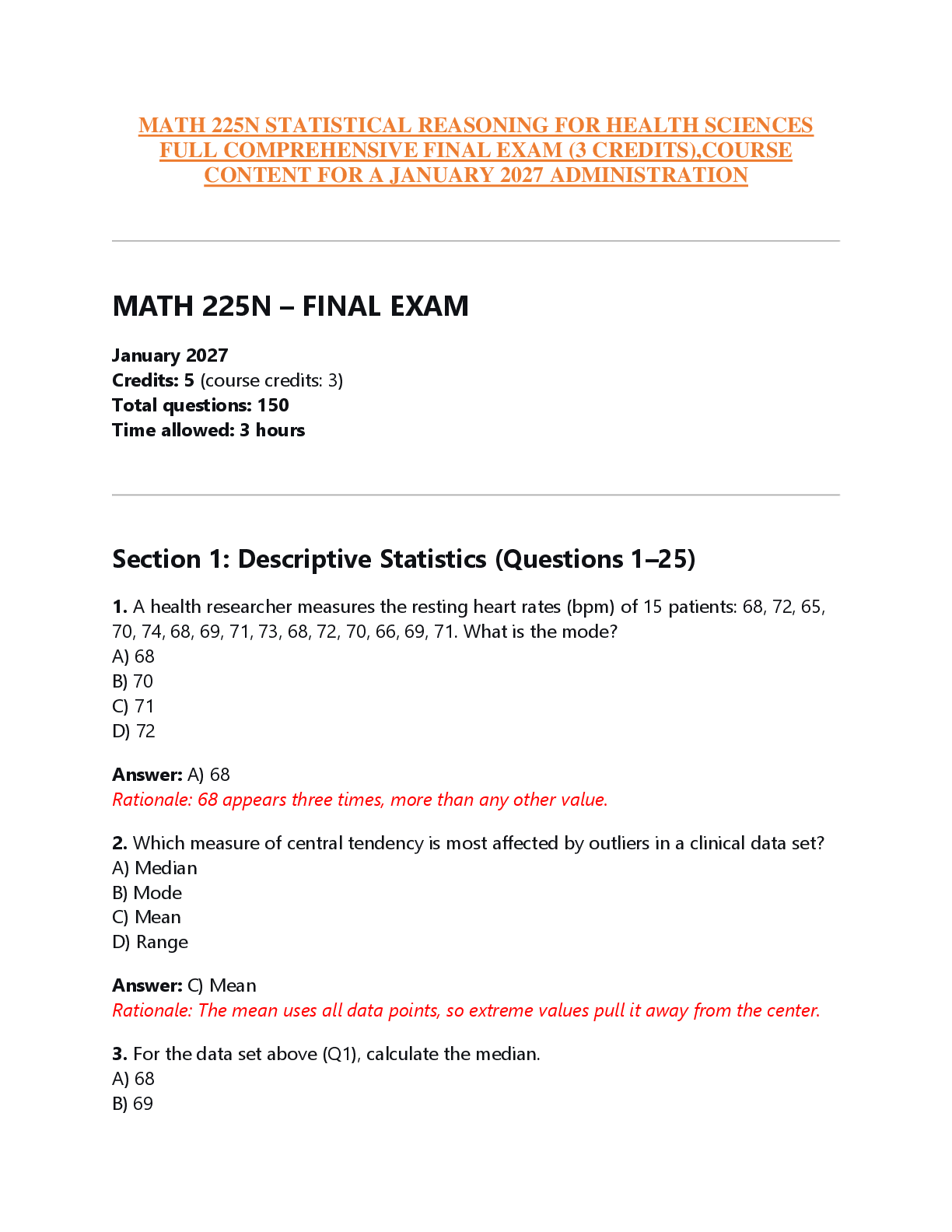 Recommended document preview for MATH 225N STATISTICAL REASONING FOR HEALTH SCIENCES  FULL COMPREHENSIVE FINAL EXAM (3 CREDITS),COURSE  CONTENT FOR A JANUARY 2027 ADMINISTRATION