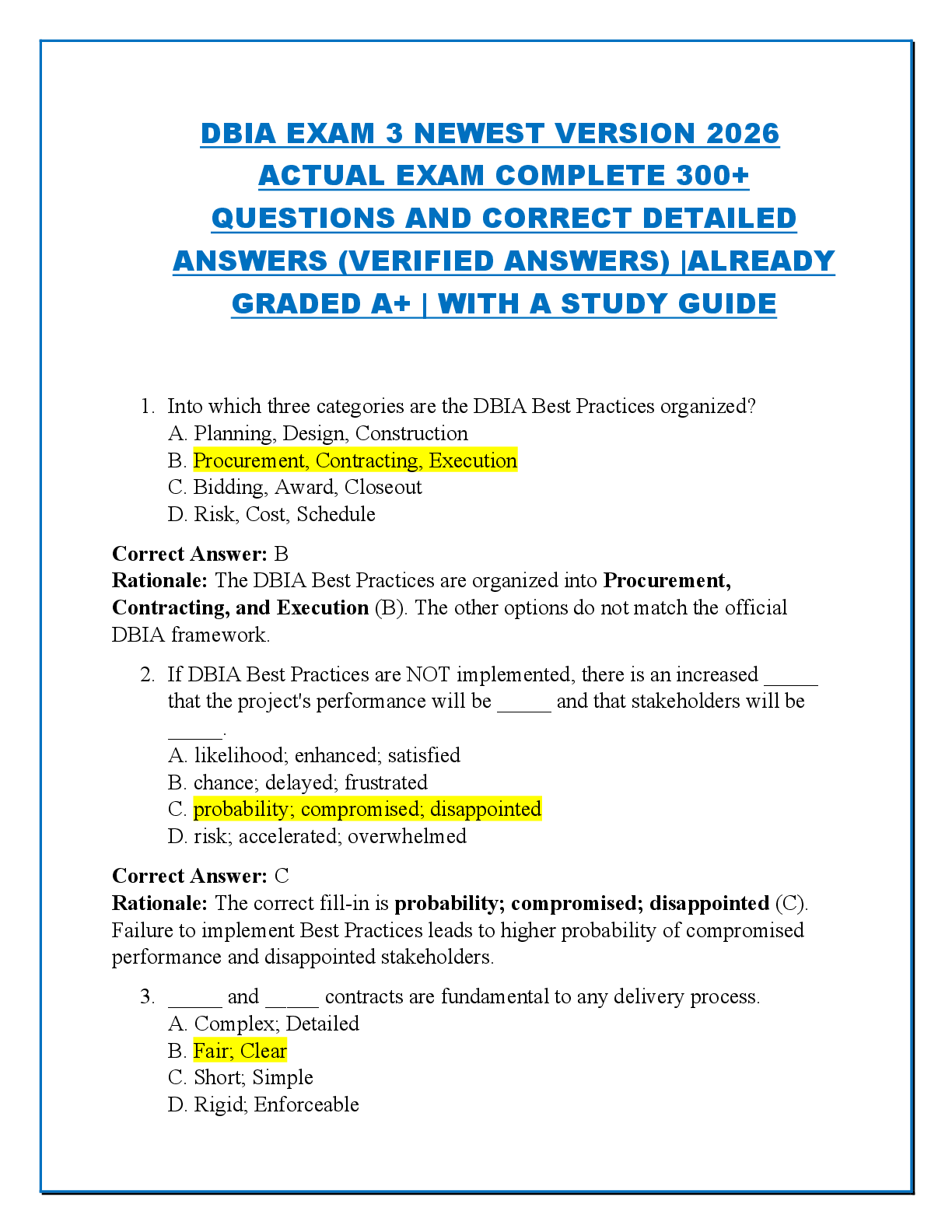 Recommended document preview for DBIA EXAM 3 NEWEST VERSION 2026  ACTUAL EXAM COMPLETE 300+  QUESTIONS AND CORRECT DETAILED  ANSWERS (VERIFIED ANSWERS) |ALREADY  GRADED A+ | WITH A STUDY GUIDE