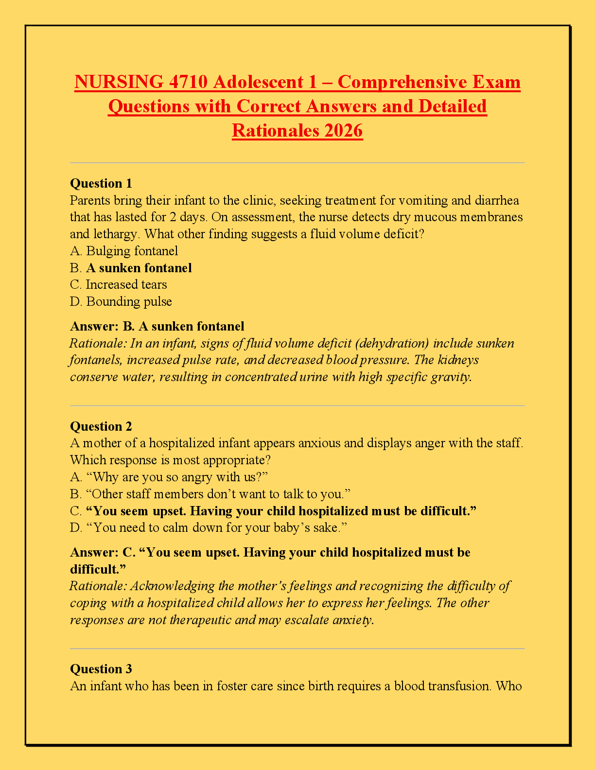 Recommended document preview for NURSING 4710 Adolescent 1 – Comprehensive Exam  Questions with Correct Answers and Detailed  Rationales 2026