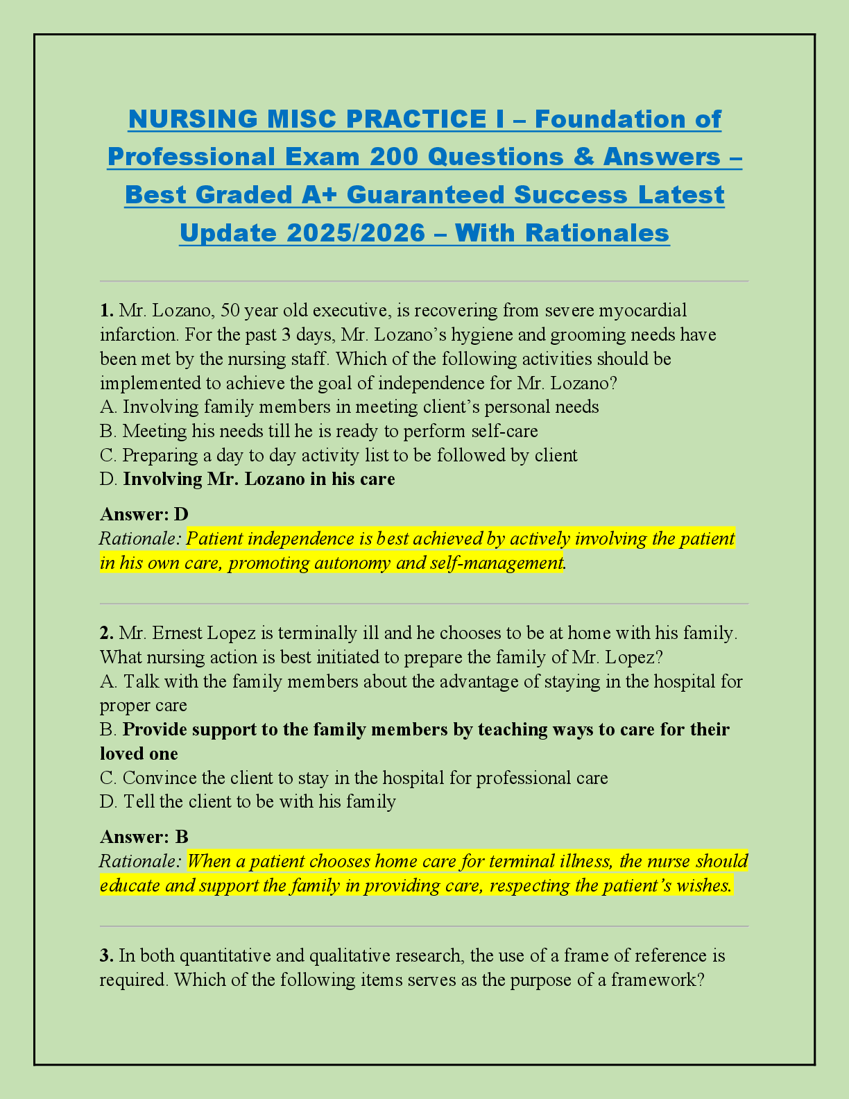 Recommended document preview for NURSING MISC PRACTICE I – Foundation of  Professional Exam 200 Questions & Answers –  Best Graded A+ Guaranteed Success Latest  Update 2025/2026 – With Rationales