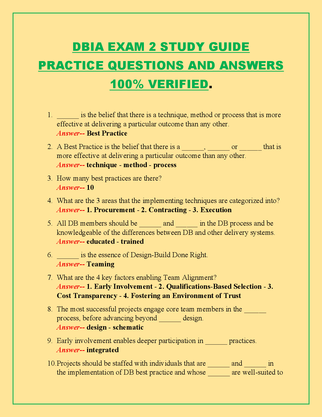 Recommended document preview for DBIA EXAM 2 STUDY GUIDE  PRACTICE QUESTIONS AND ANSWERS  100% VERIFIED.