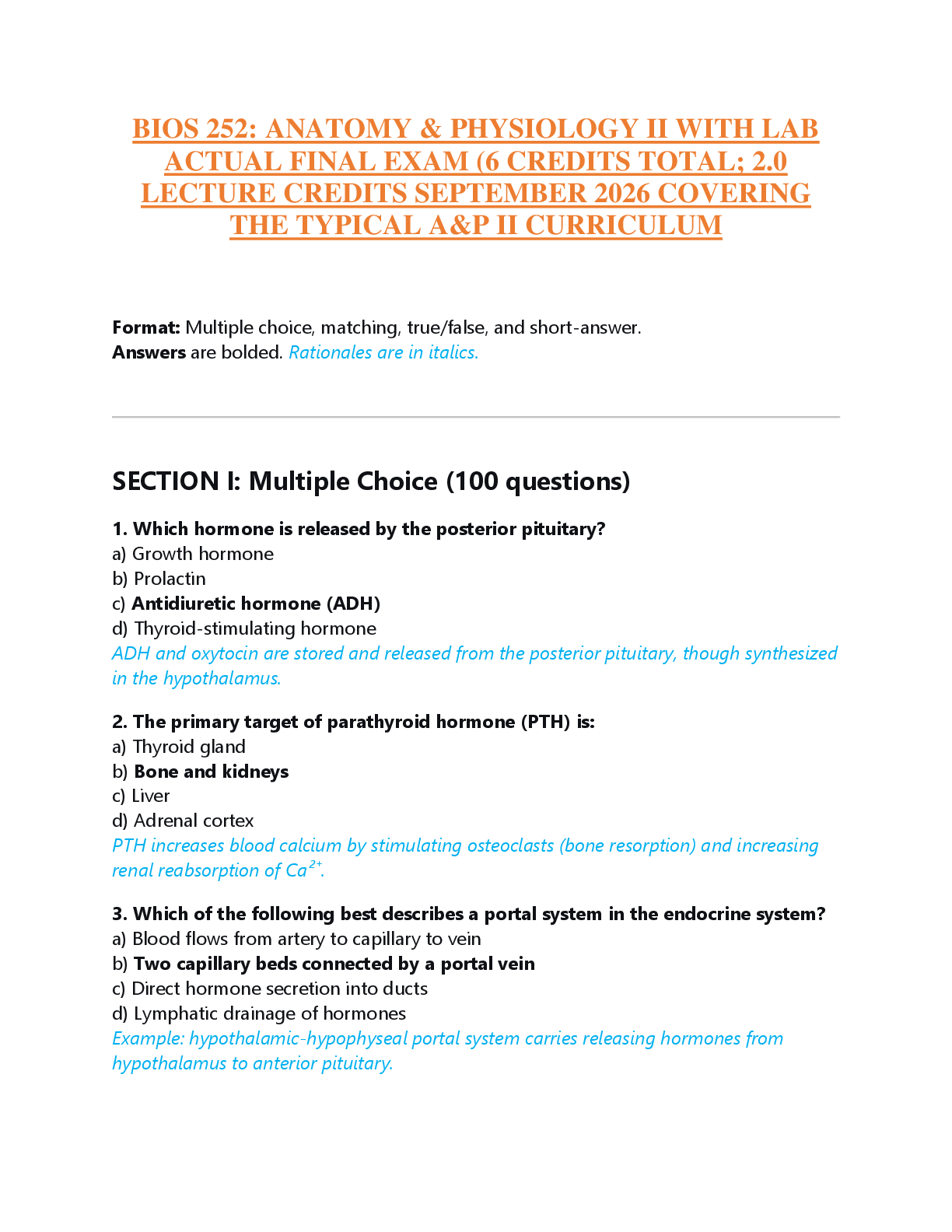 Recommended document preview for BIOS 252: ANATOMY & PHYSIOLOGY II WITH LAB  ACTUAL FINAL EXAM (6 CREDITS TOTAL; 2.0  LECTURE CREDITS SEPTEMBER 2026 COVERING  THE TYPICAL A&P II CURRICULUM