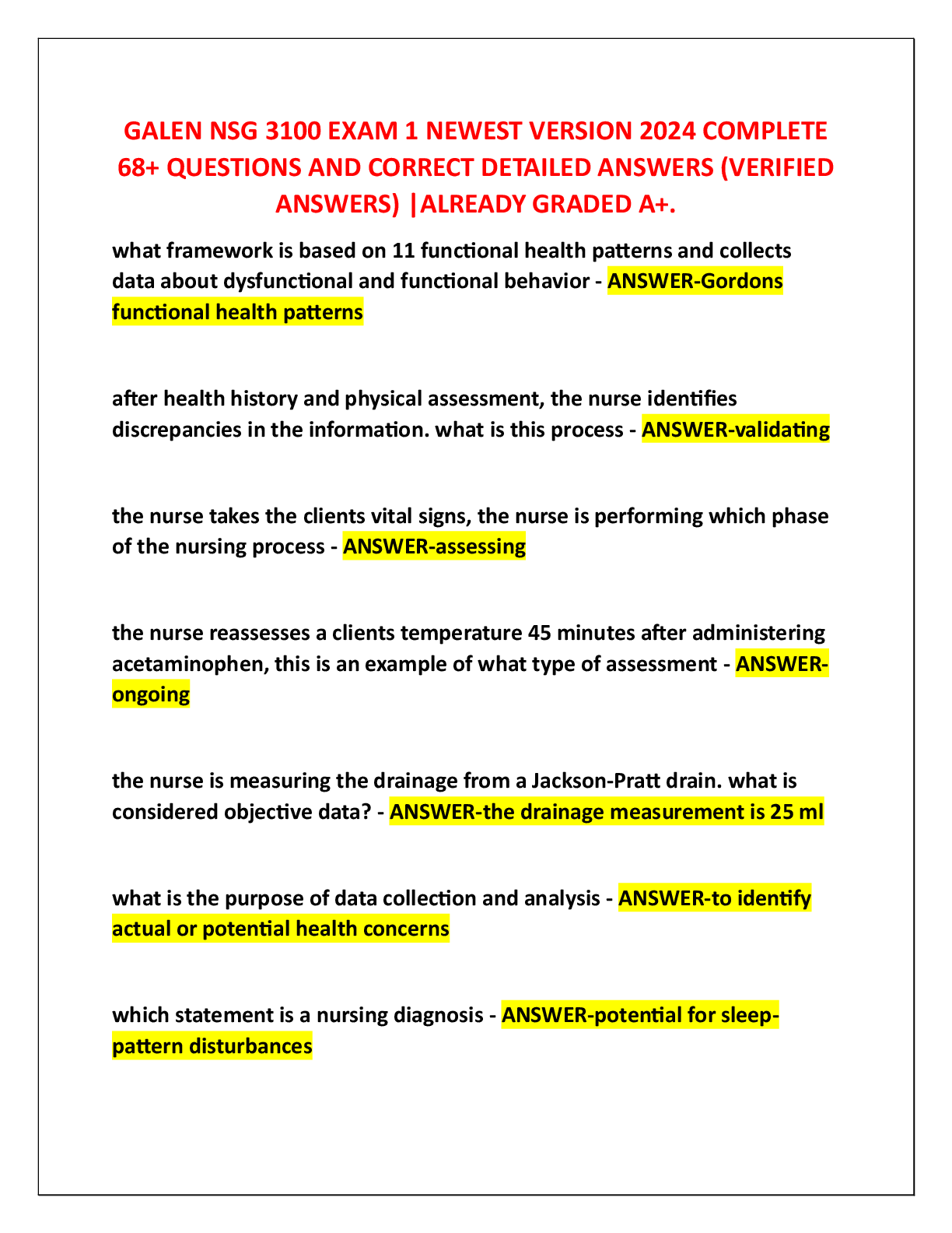 Recommended document preview for GALEN NSG 3100 EXAM 1 NEWEST VERSION 2024 -2026 COMPLETE EXAM