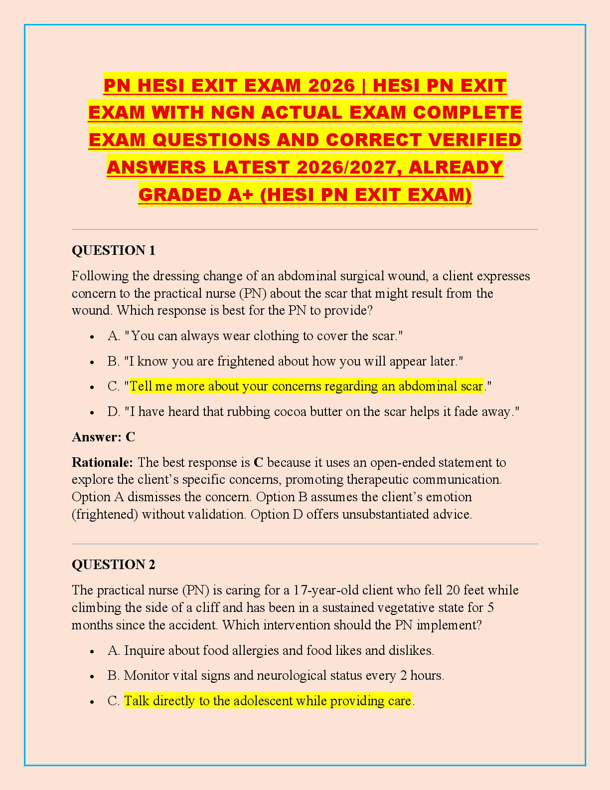 Preview of PN HESI EXIT EXAM 2026 | HESI PN EXIT  EXAM WITH NGN ACTUAL EXAM COMPLETE  EXAM QUESTIONS AND CORRECT VERIFIED  ANSWERS LATEST 2026/2027, ALREADY  GRADED A+ (HESI PN EXIT EXAM)